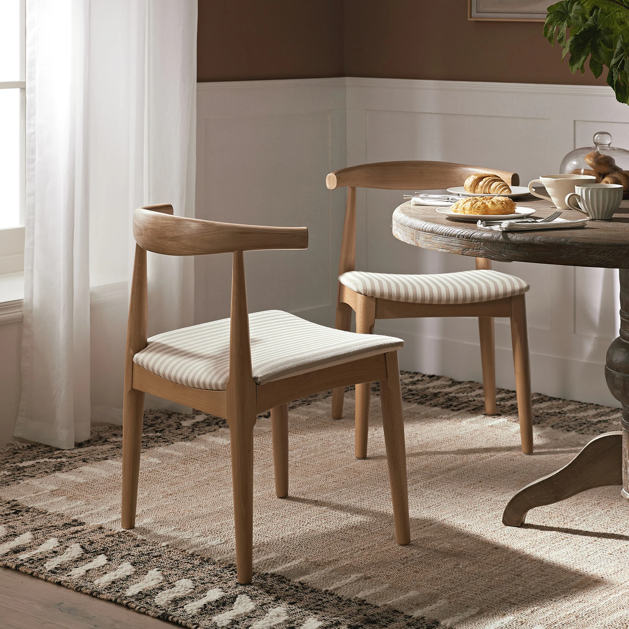 Arley Set of 2 Beech Wood Dining Chairs, Natural and Light Taupe Striped - Image 4
