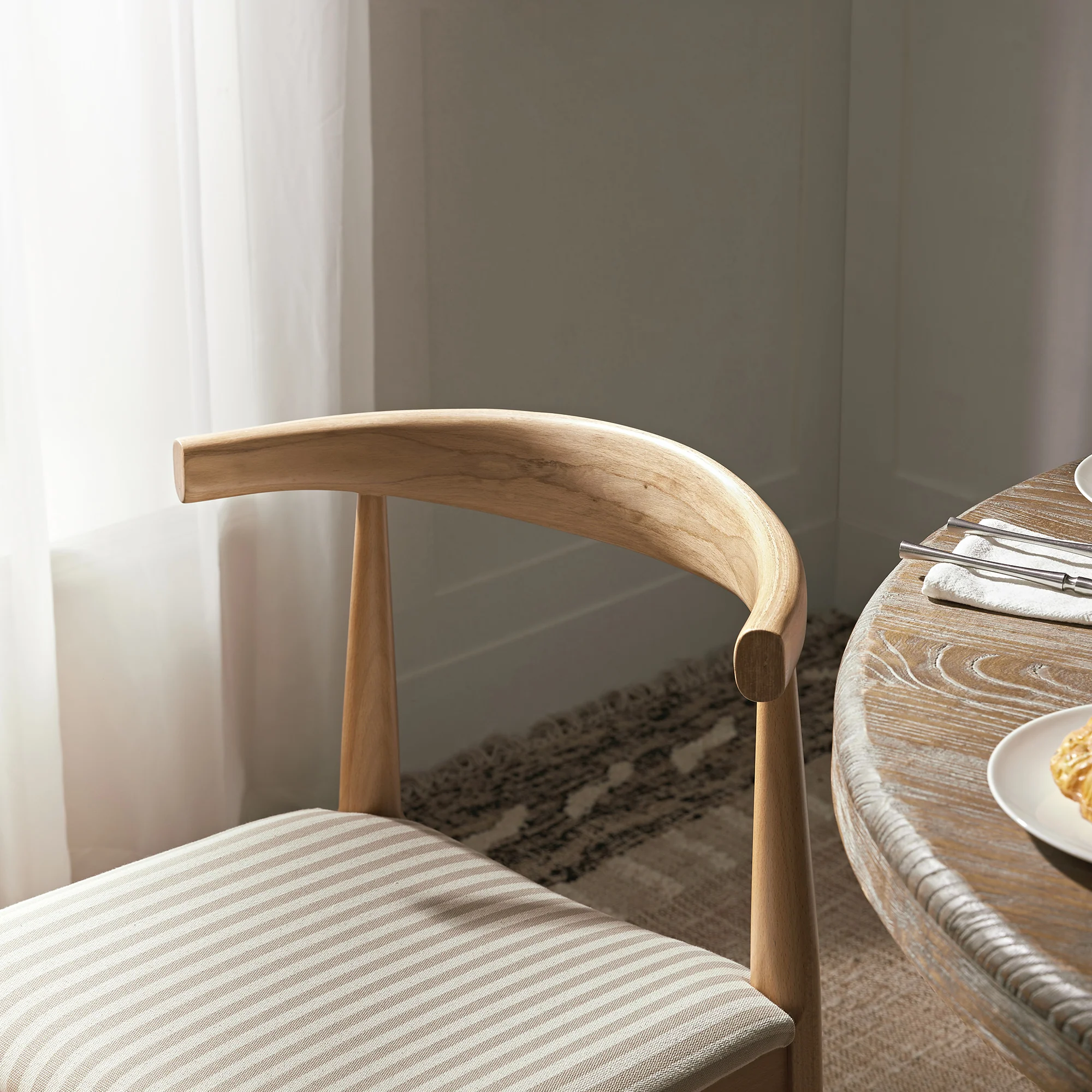 Arley Set of 2 Beech Wood Dining Chairs, Natural and Light Taupe Striped - Image 6