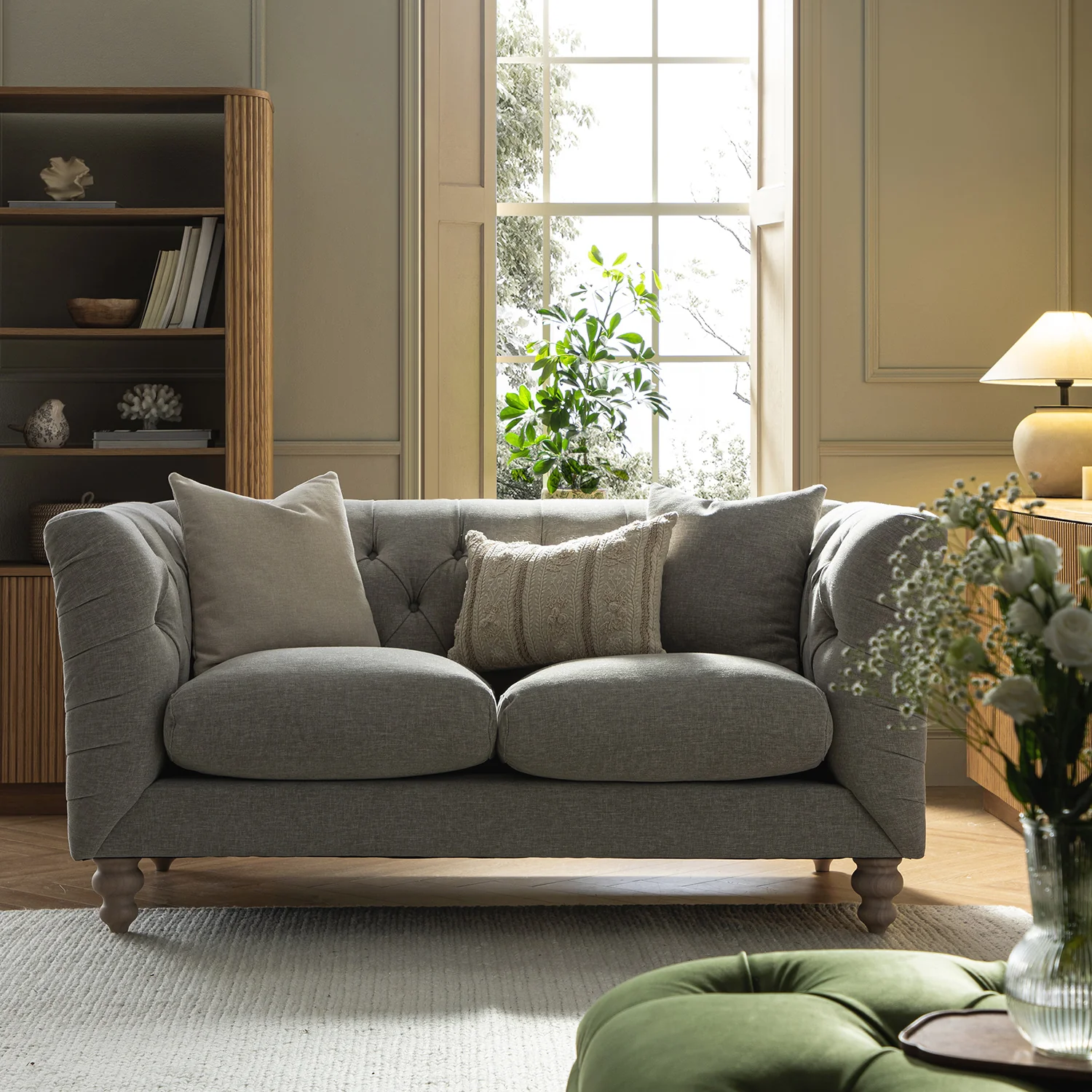 Ashby Chesterfield 2-Seater Sofa, Mist Grey Chenille - Image 2