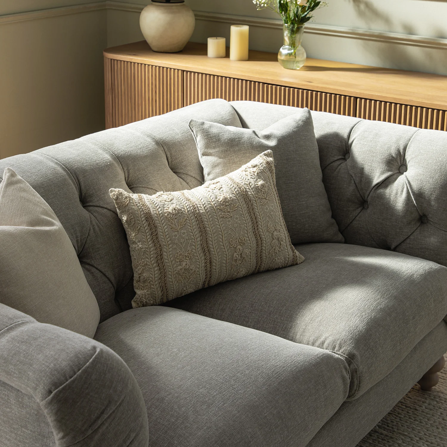 Ashby Chesterfield 2-Seater Sofa, Mist Grey Chenille - Image 3