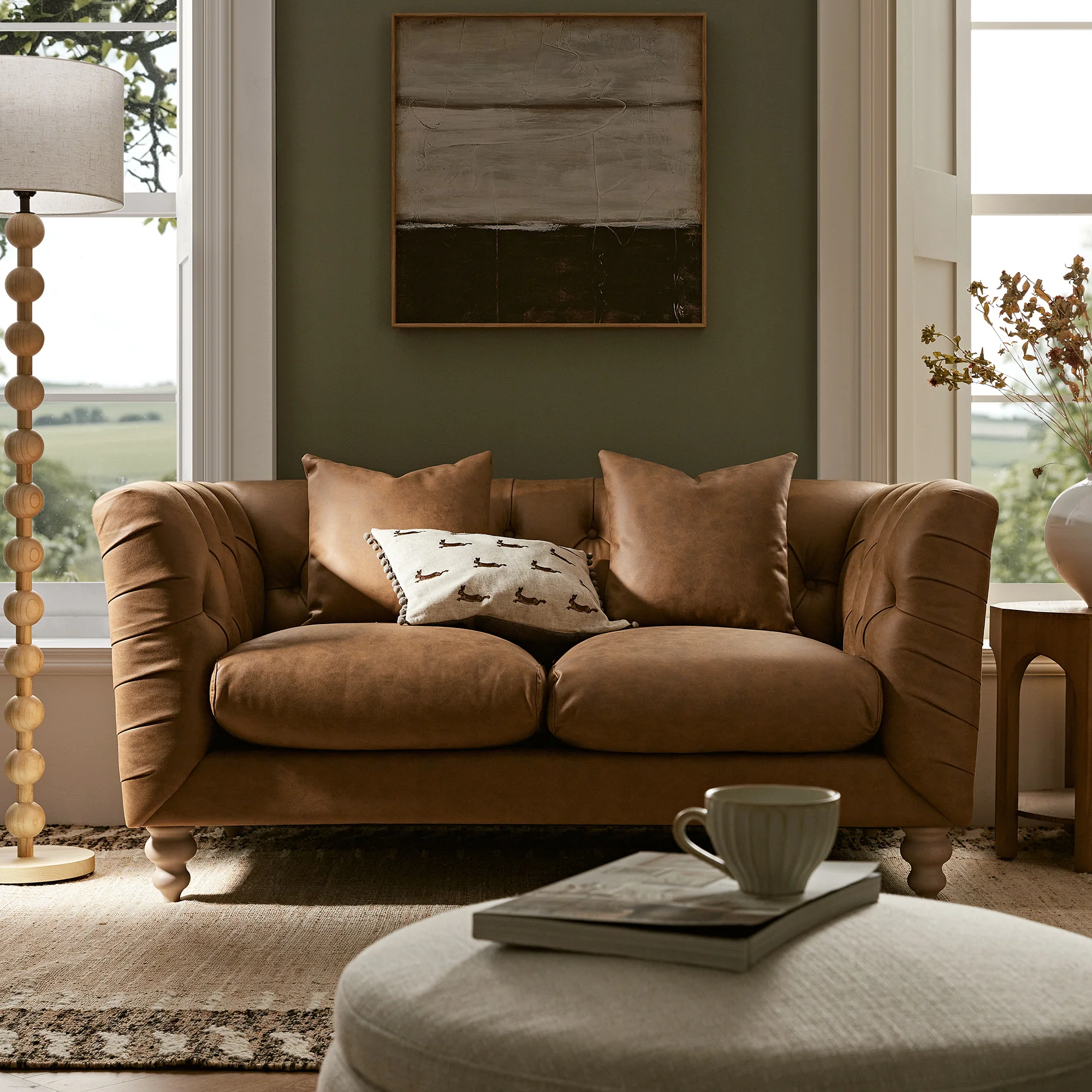 Ashby Chesterfield 2-Seater Sofa, Tan Faux Leather - Image 2