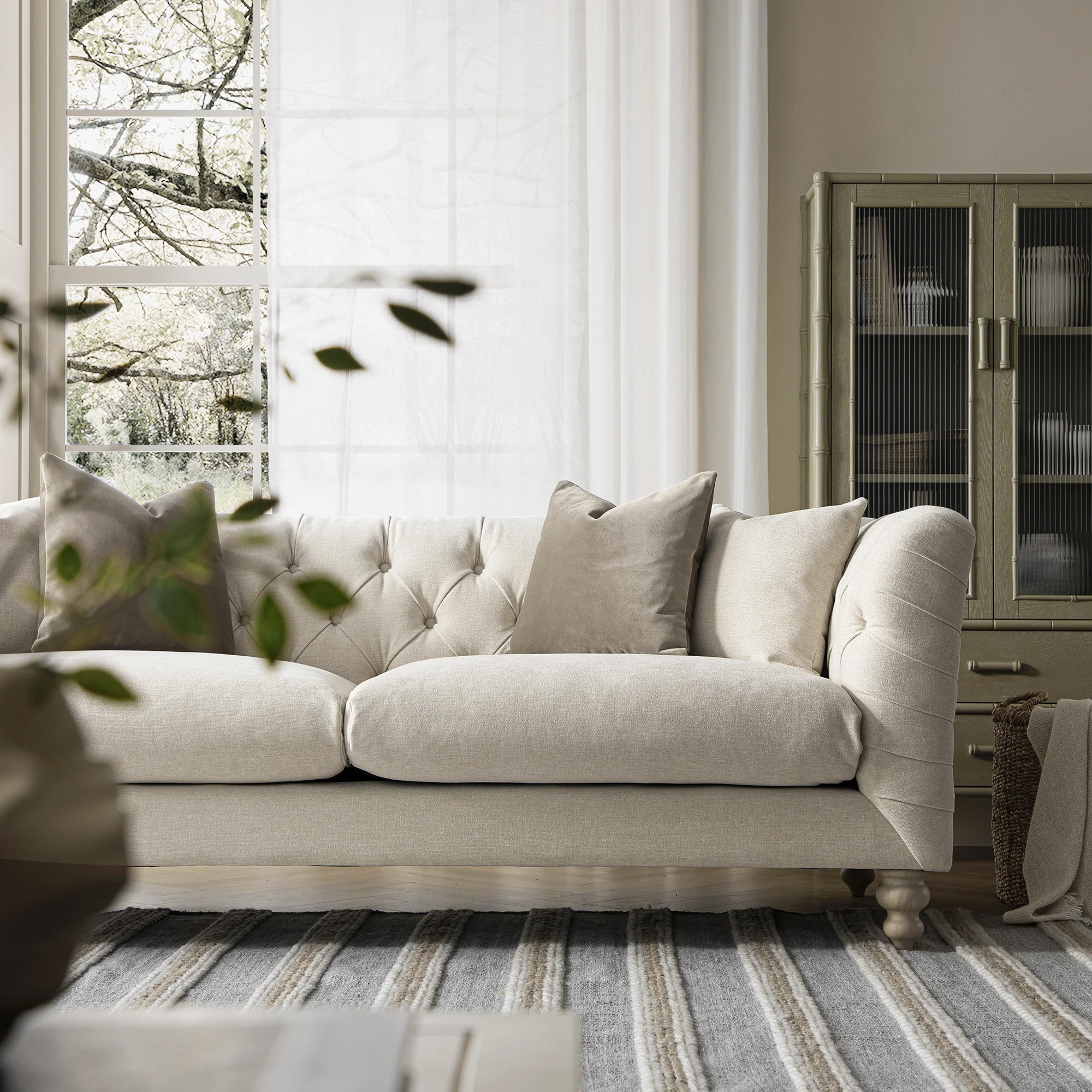 Ashby Chesterfield Large 3-Seater Sofa, Oatmeal Chenille - Image 4