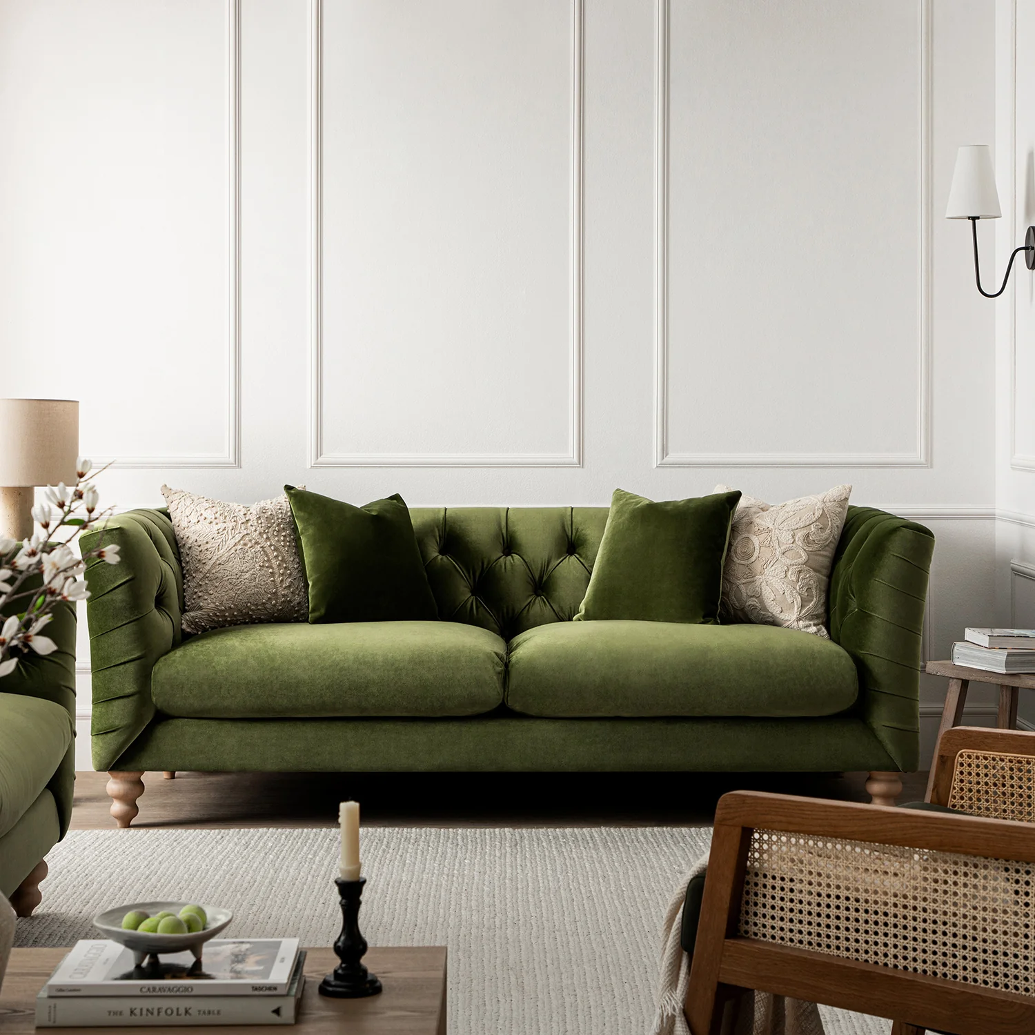 Ashby Chesterfield Large 3-Seater Sofa, Fern Green Velvet - Image 2