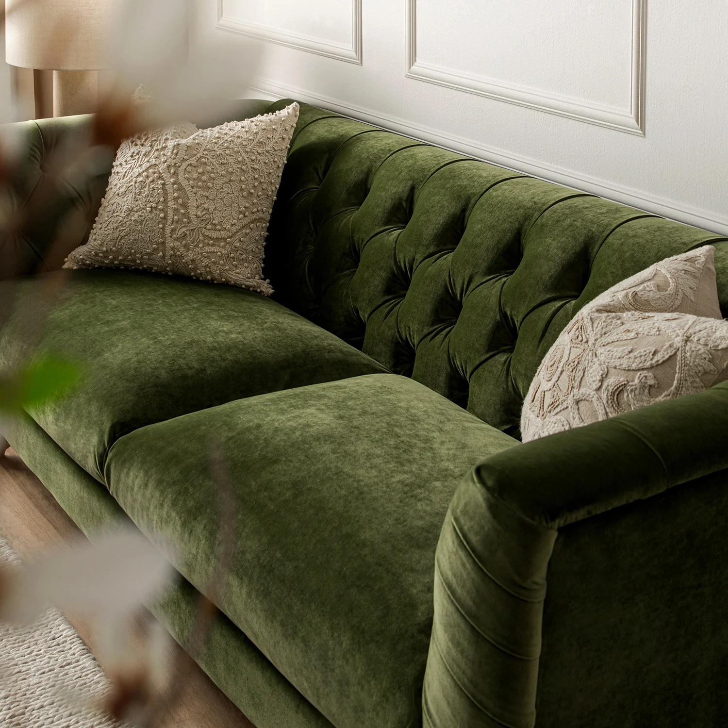 Ashby Chesterfield Large 3-Seater Sofa, Fern Green Velvet - Image 3