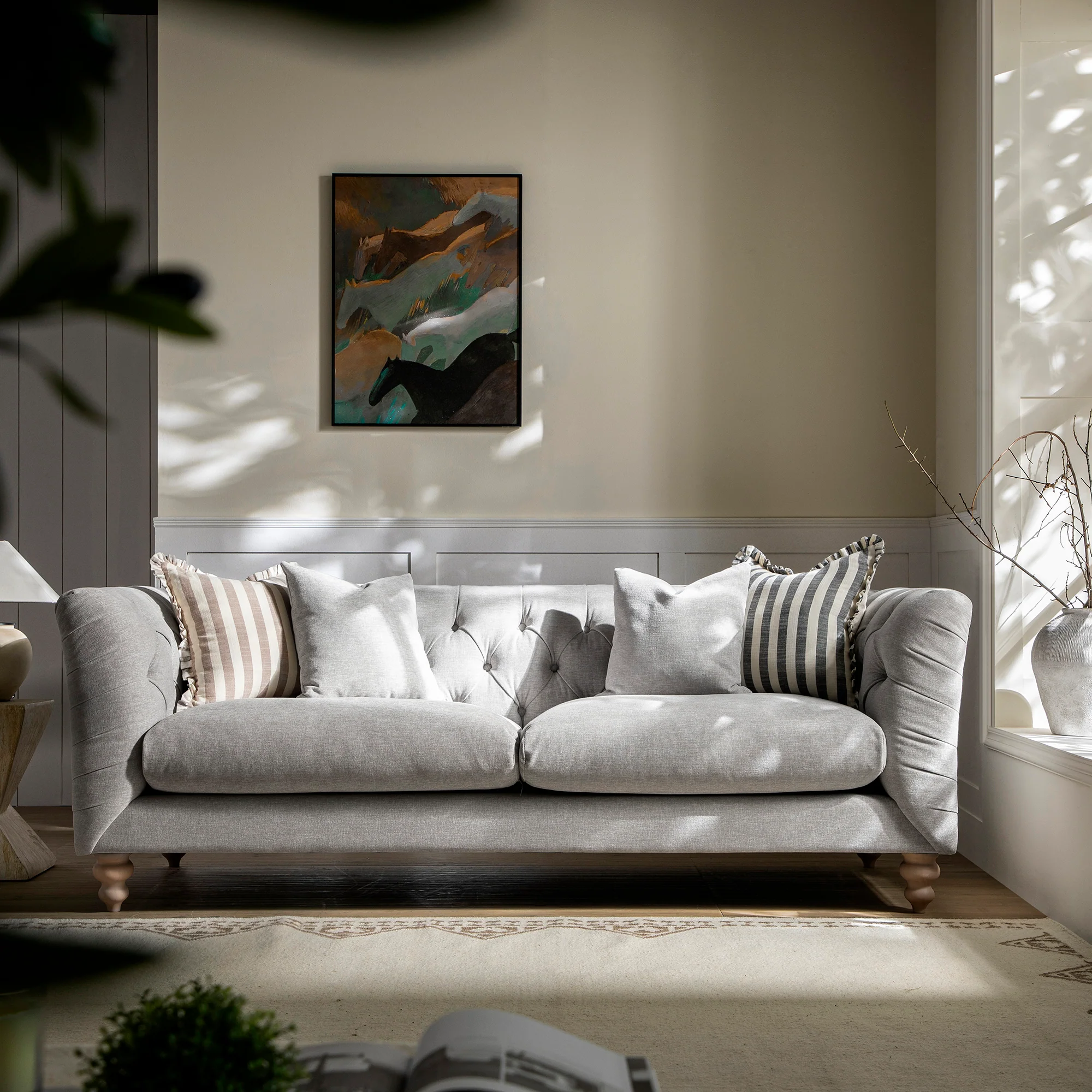 Ashby Chesterfield Large 3-Seater Sofa, Mist Grey Chenille - Image 2