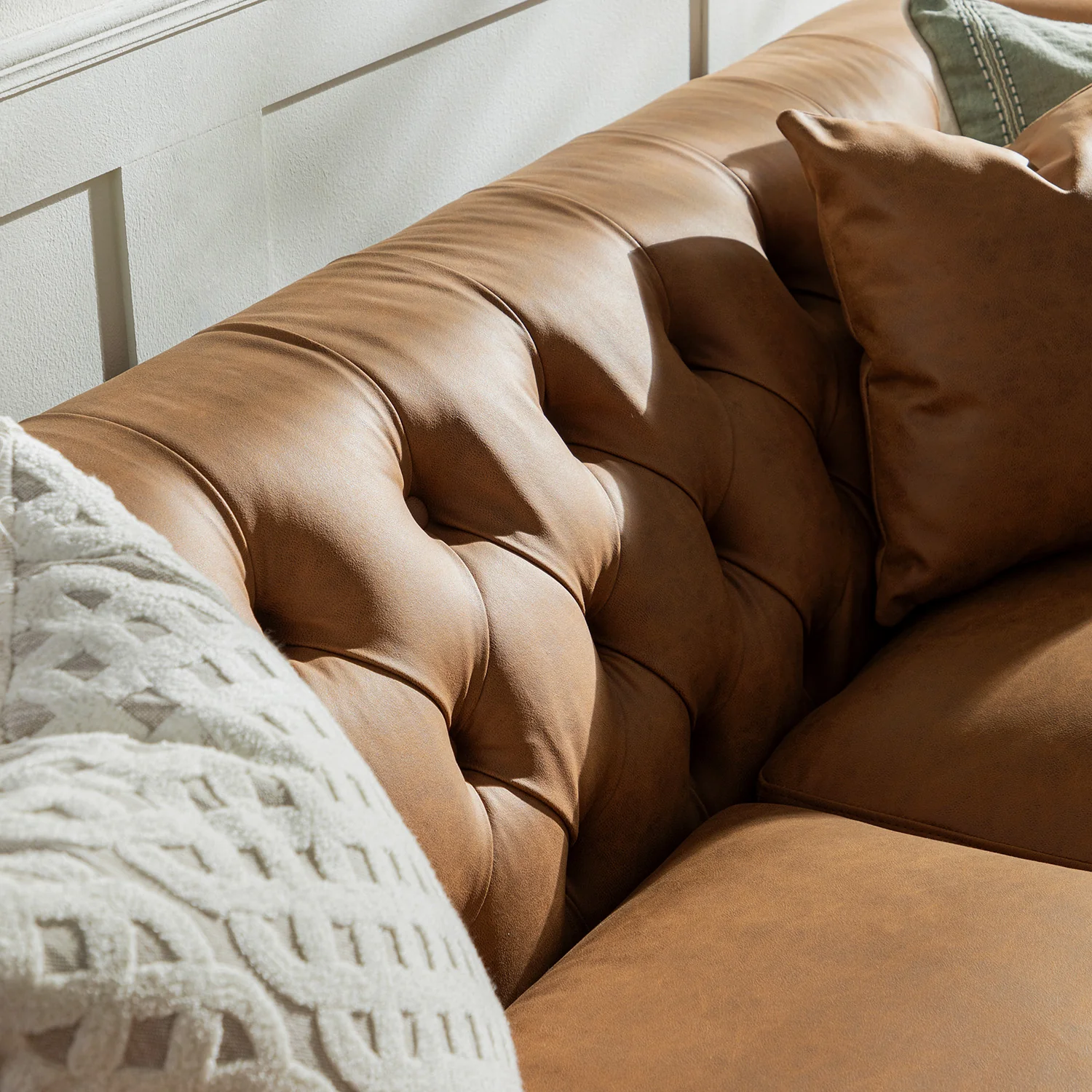 Ashby Chesterfield Large 3-Seater Sofa, Tan Faux Leather - Image 6