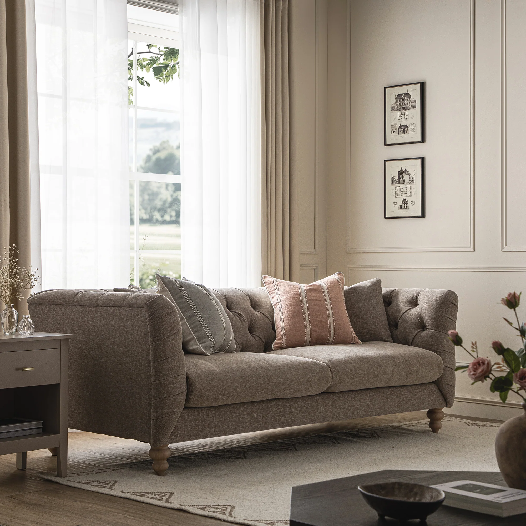 Ashby Chesterfield Large 3-Seater Sofa, Taupe Chenille - Image 2