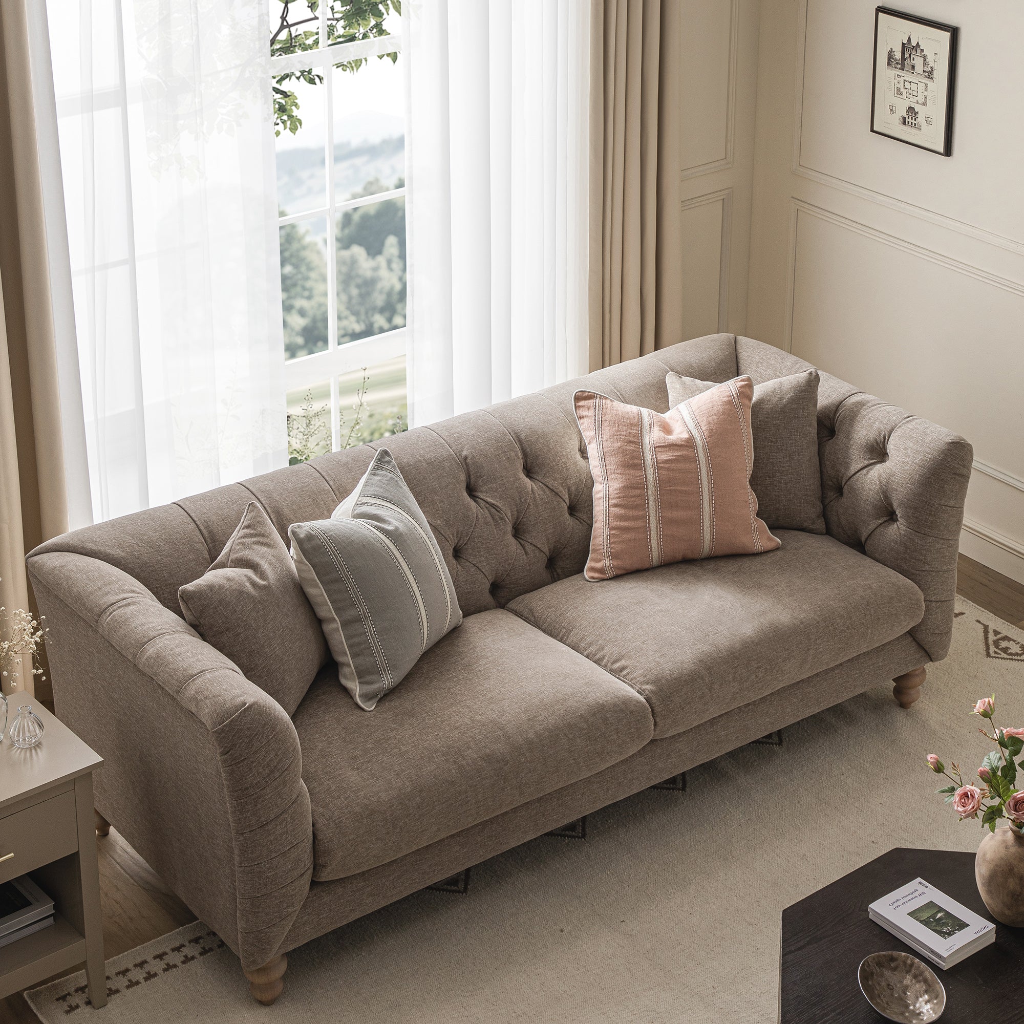 Ashby Chesterfield Large 3-Seater Sofa, Taupe Chenille - Image 3
