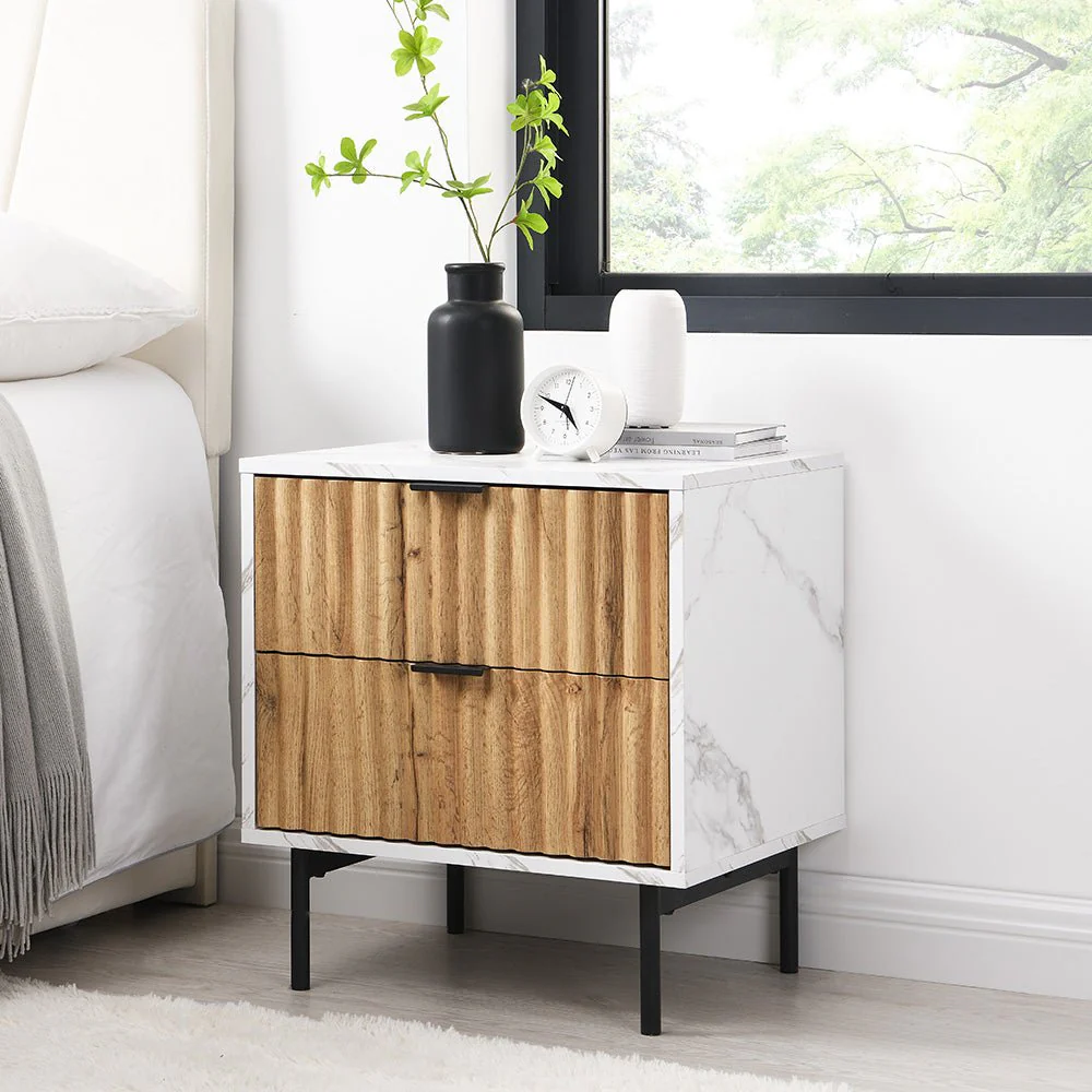 Aspen Oak and Marble Effect 2-Drawer Bedside Table - Image 3