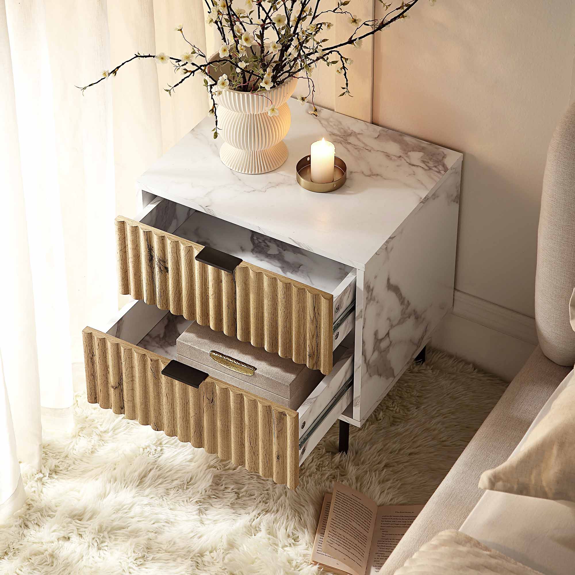 Aspen Oak and Marble Effect 2-Drawer Bedside Table - Image 4