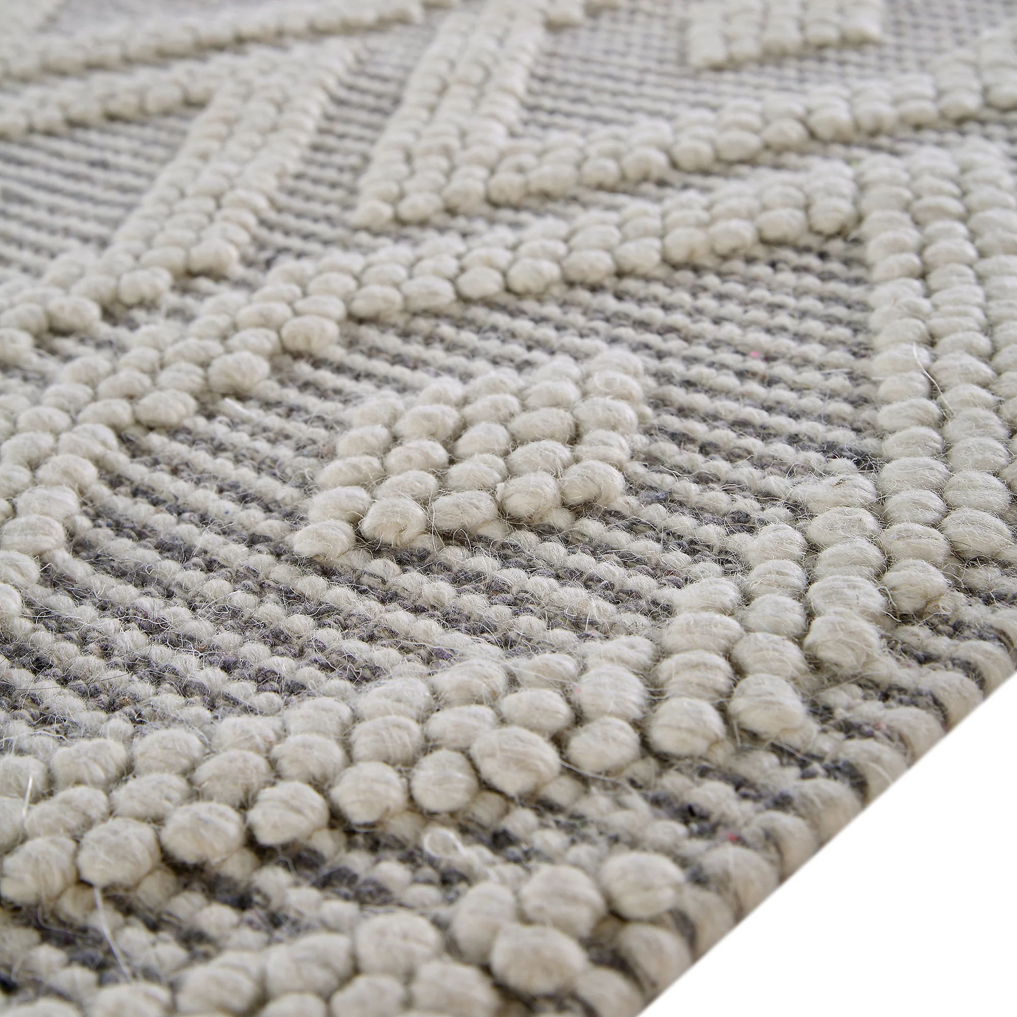Avanti Handwoven Light Grey and Cream Diamond Bobble Wool Rug - Image 7