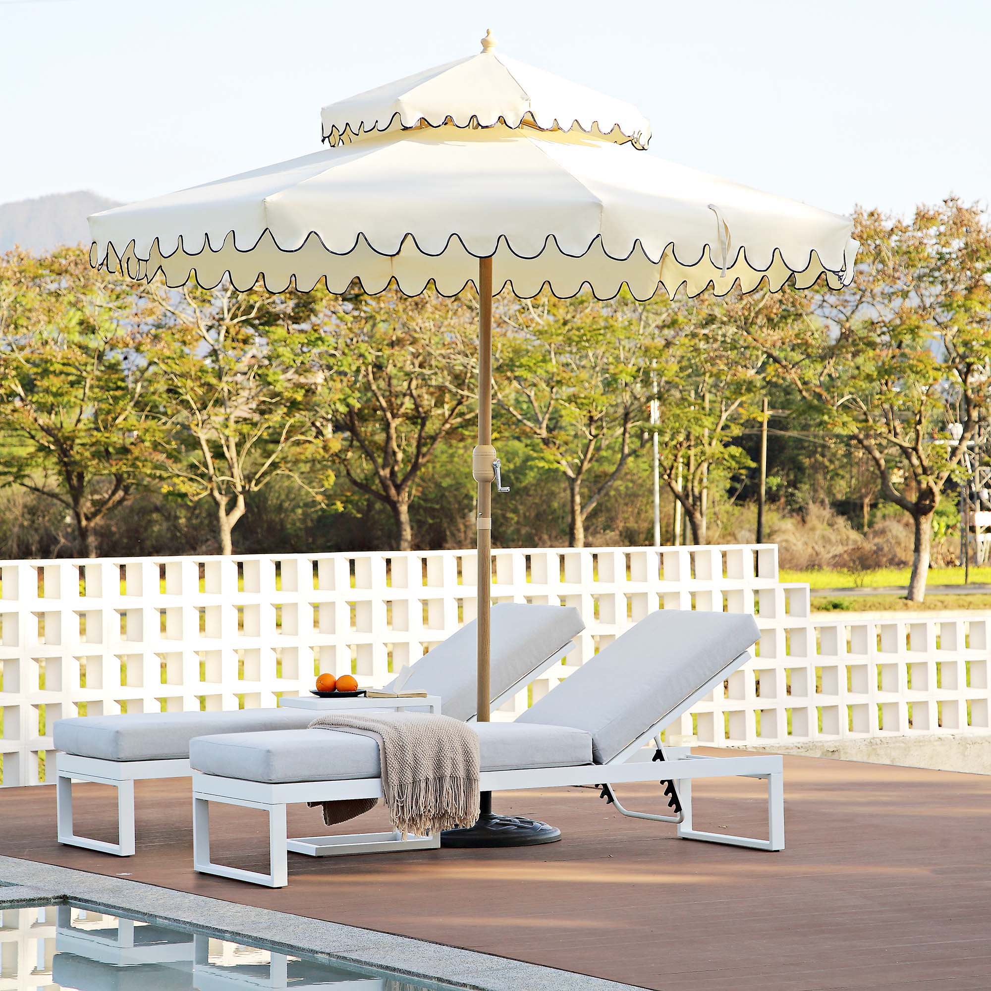 Fabienne Beige 3M Octagonal Double Top Crank and Tilt Parasol with Navy Scalloped Edge - Image 2