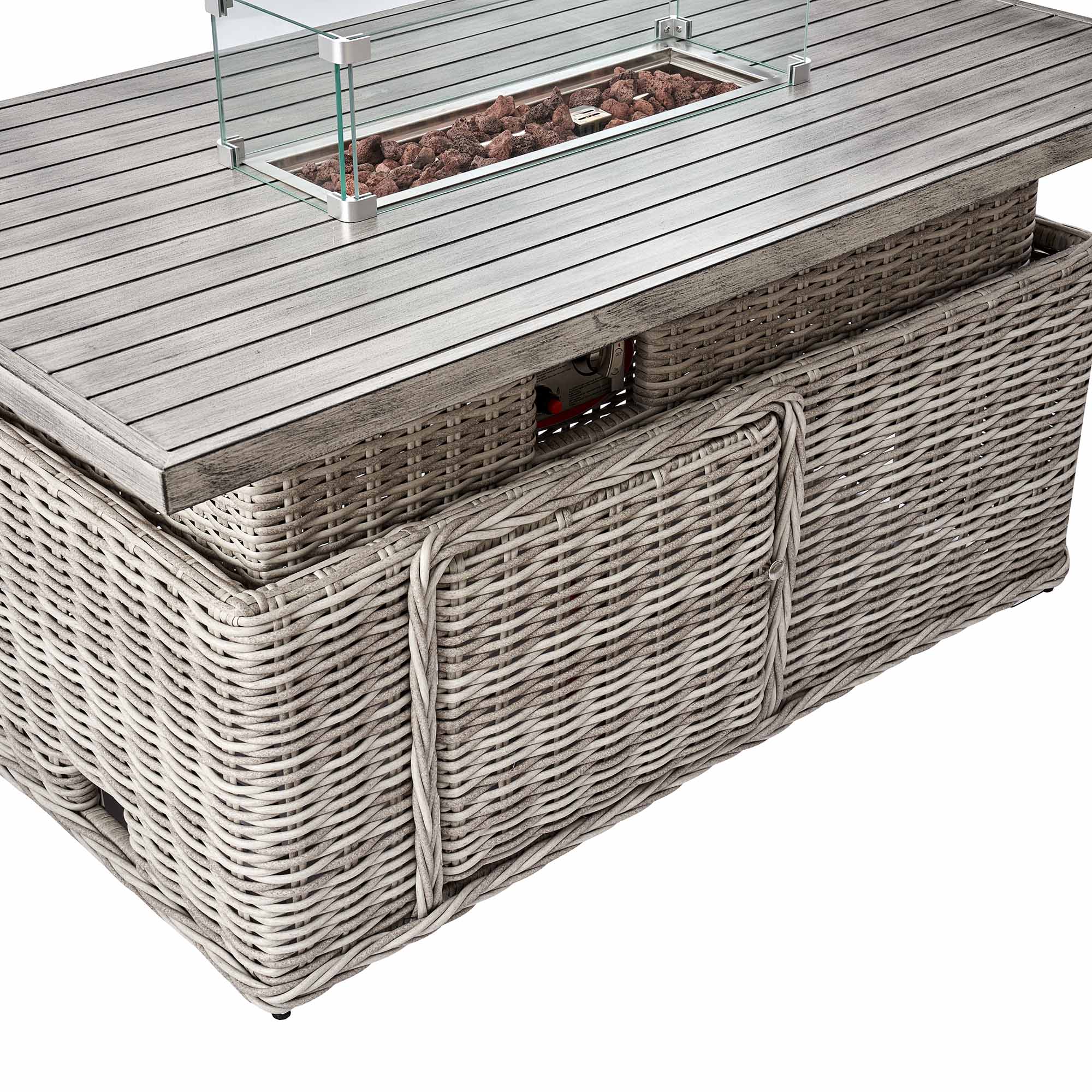 Bellagio Round Wicker Large Corner Casual Dining Set with Rising Firepit Table, Light Grey - Image 9
