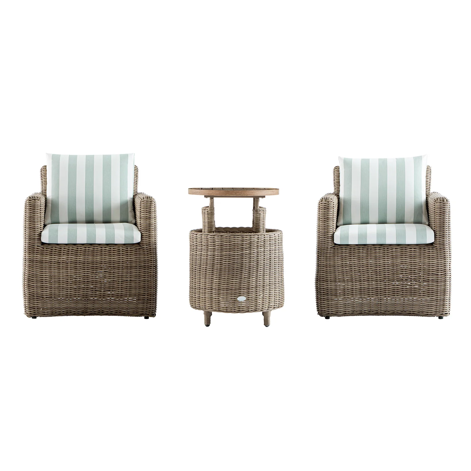 Bellagio Round Wicker Bistro Set with Rising Side Table, Natural with Sage Stripes - Image 10