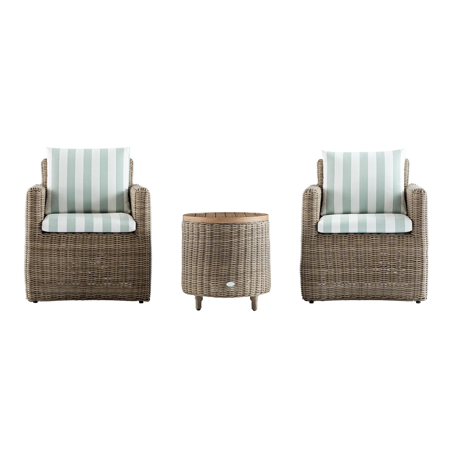 Bellagio Round Wicker Bistro Set with Rising Side Table, Natural with Sage Stripes - Image 12
