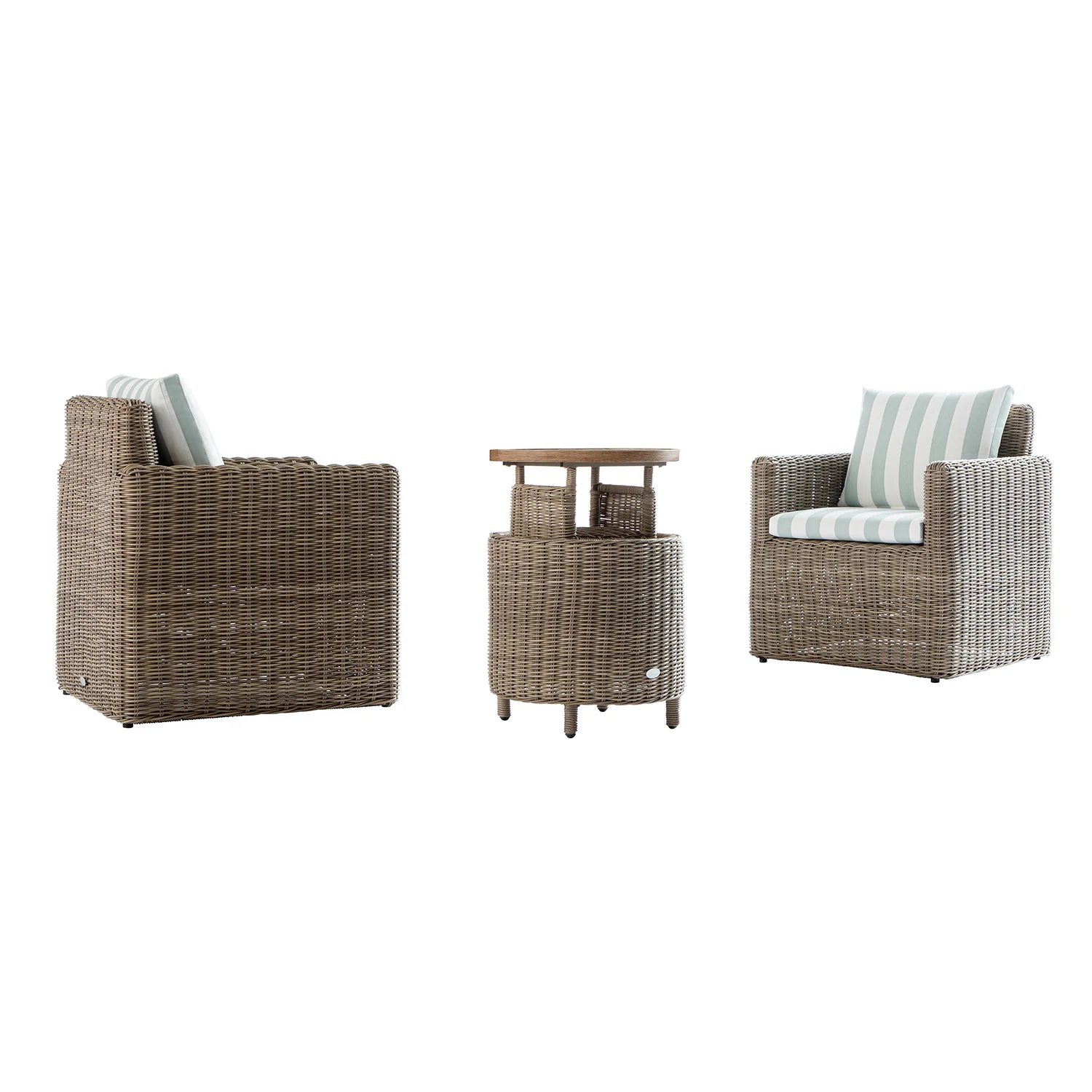 Bellagio Round Wicker Bistro Set with Rising Side Table, Natural with Sage Stripes - Image 13