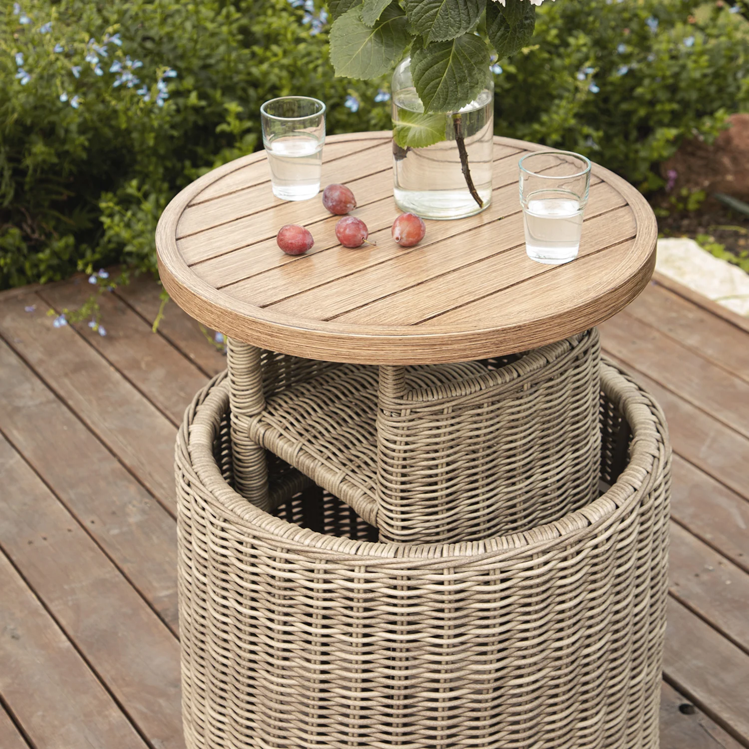 Bellagio Round Wicker Bistro Set with Rising Side Table, Natural with Sage Stripes - Image 7