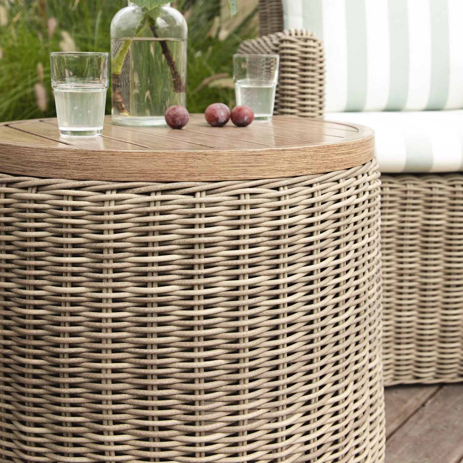 Bellagio Round Wicker Bistro Set with Rising Side Table, Natural with Sage Stripes - Image 8