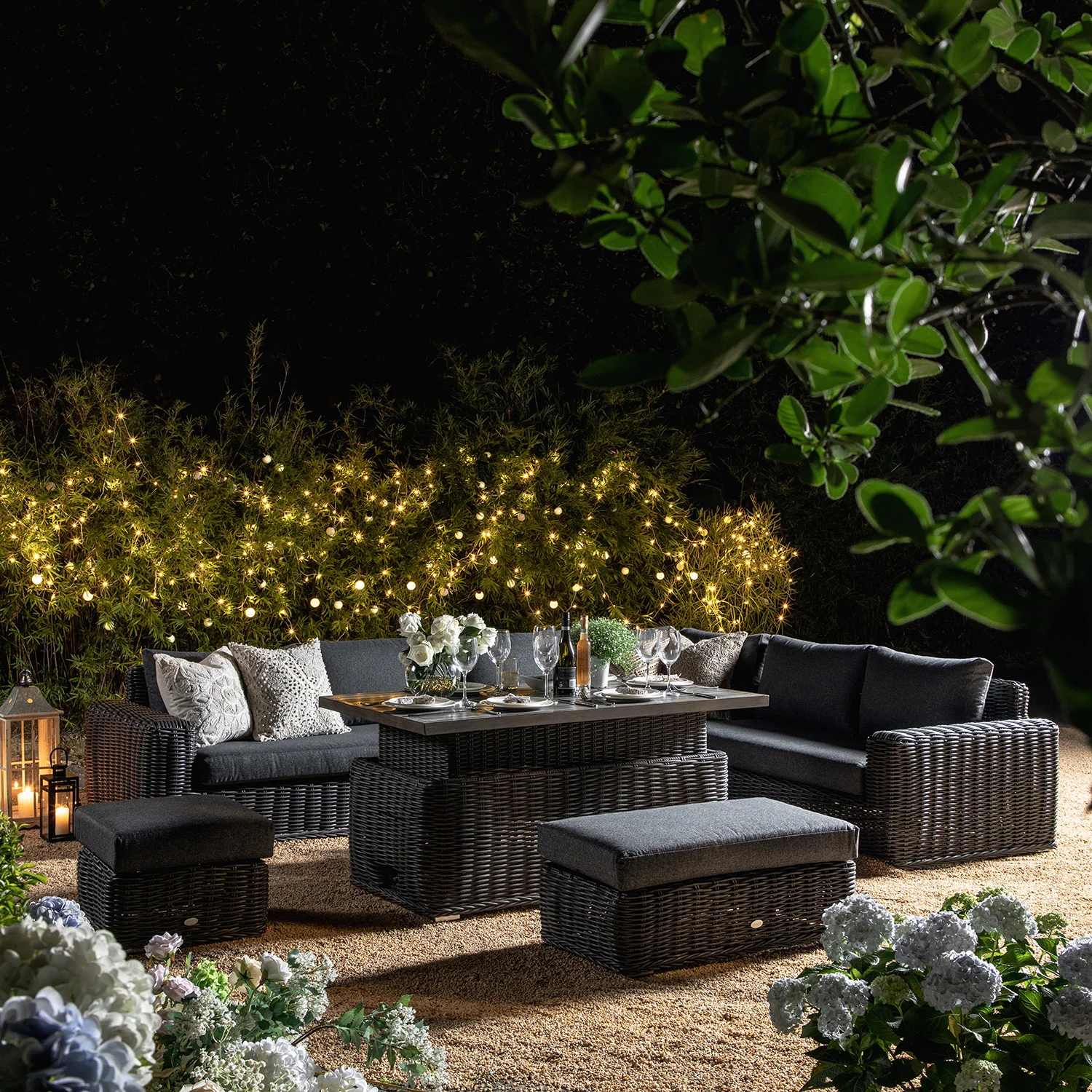 Bellagio Round Wicker Large Corner Casual Dining Set with Rising Firepit Table, Dark Grey - Image 4