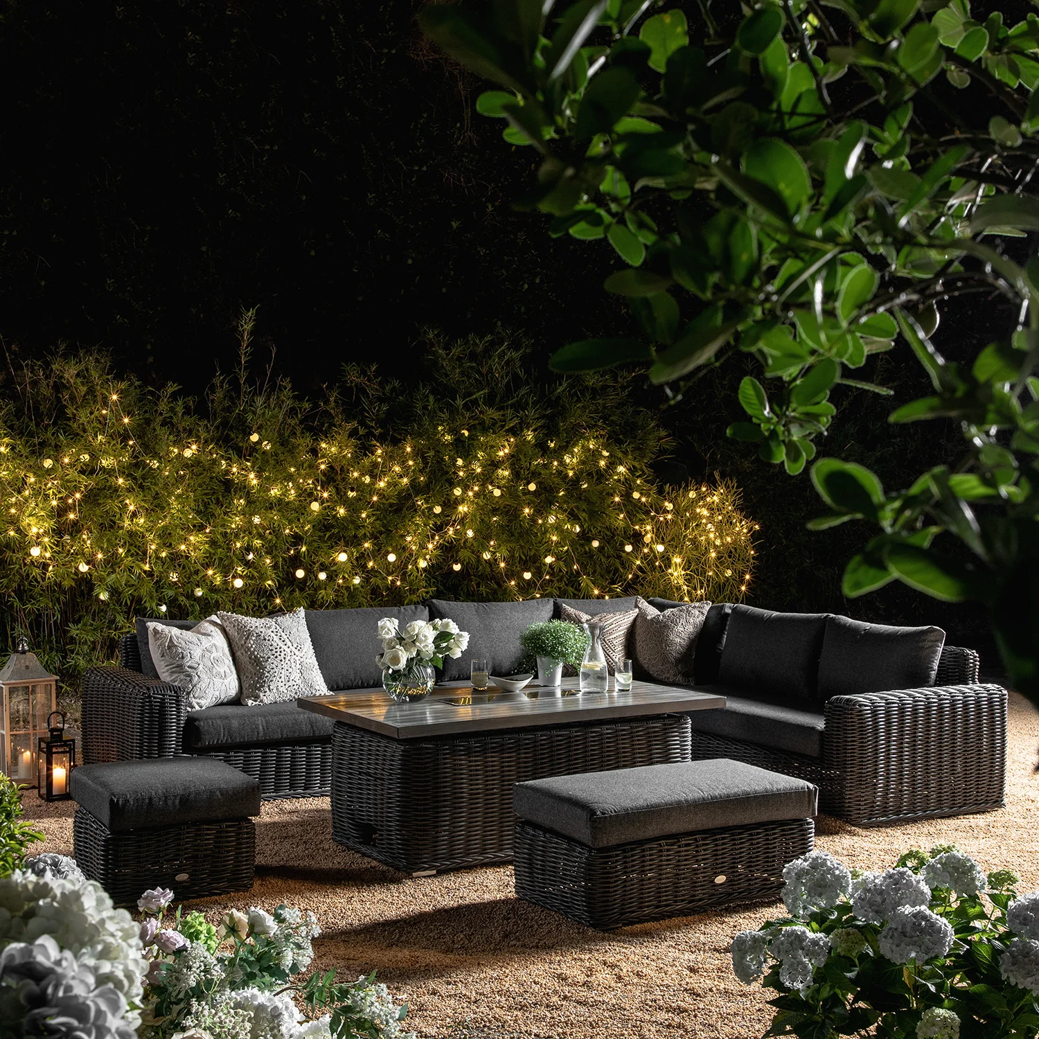 Bellagio Round Wicker Large Corner Casual Dining Set with Rising Firepit Table, Dark Grey - Image 5