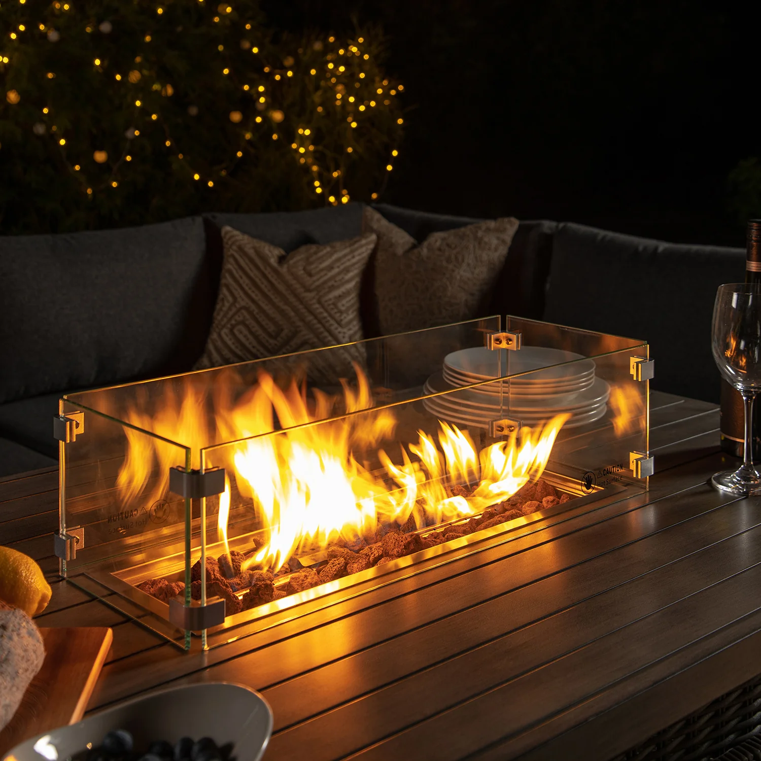 Bellagio Round Wicker Large Corner Casual Dining Set with Rising Firepit Table, Dark Grey - Image 7
