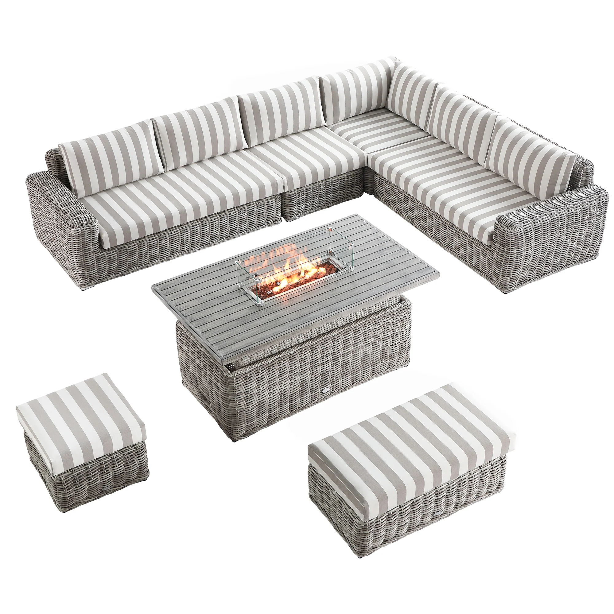 Bellagio Round Wicker Large Corner Casual Dining Set with Rising Firepit Table, Light Grey with Taupe Stripes - Image 13