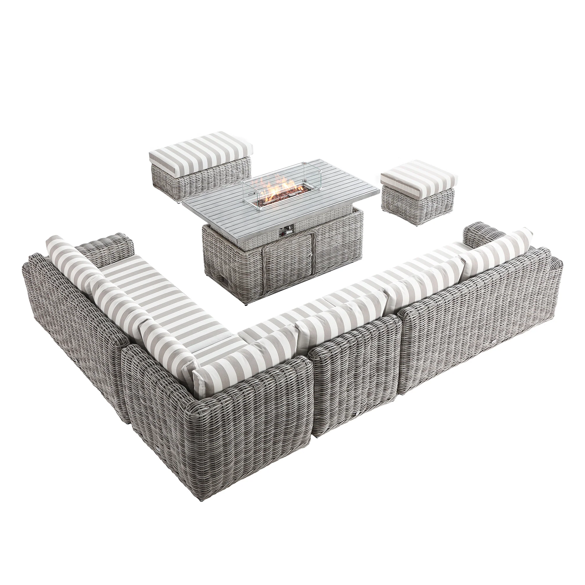 Bellagio Round Wicker Large Corner Casual Dining Set with Rising Firepit Table, Light Grey with Taupe Stripes - Image 19