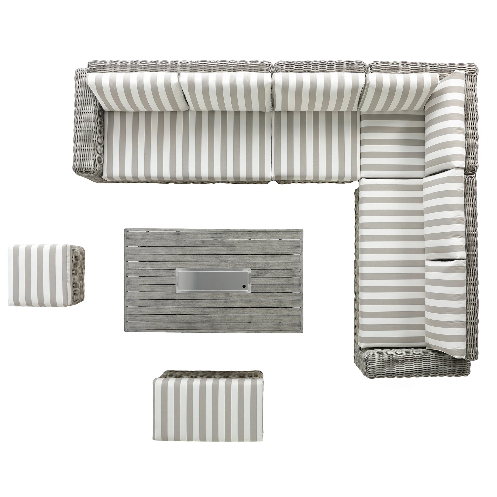 Bellagio Round Wicker Large Corner Casual Dining Set with Rising Firepit Table, Light Grey with Taupe Stripes - Image 20