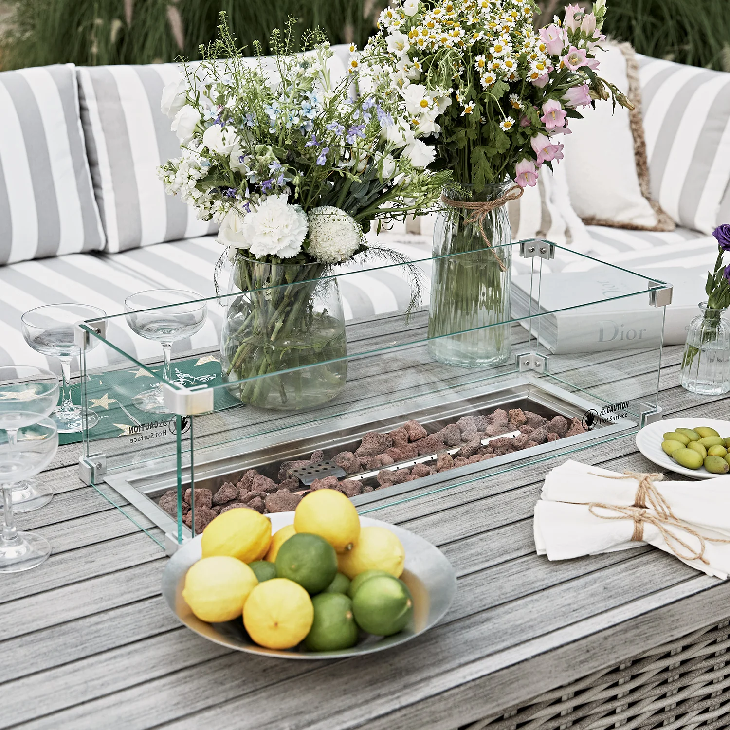 Bellagio Round Wicker Large Corner Casual Dining Set with Rising Firepit Table, Light Grey with Taupe Stripes - Image 5