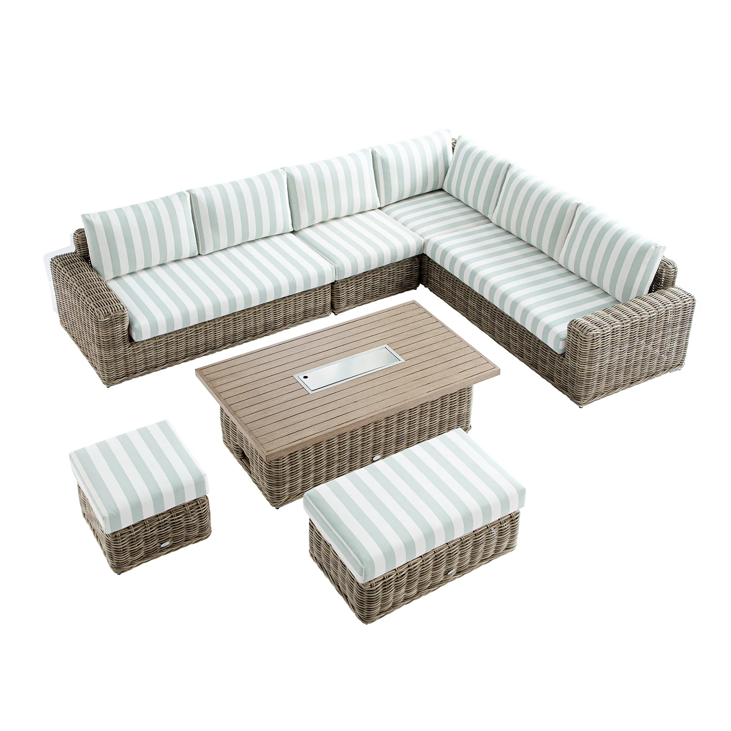 Bellagio Round Wicker Large Corner Casual Dining Set with Rising Firepit Table, Natural with Sage Stripes - Image 6