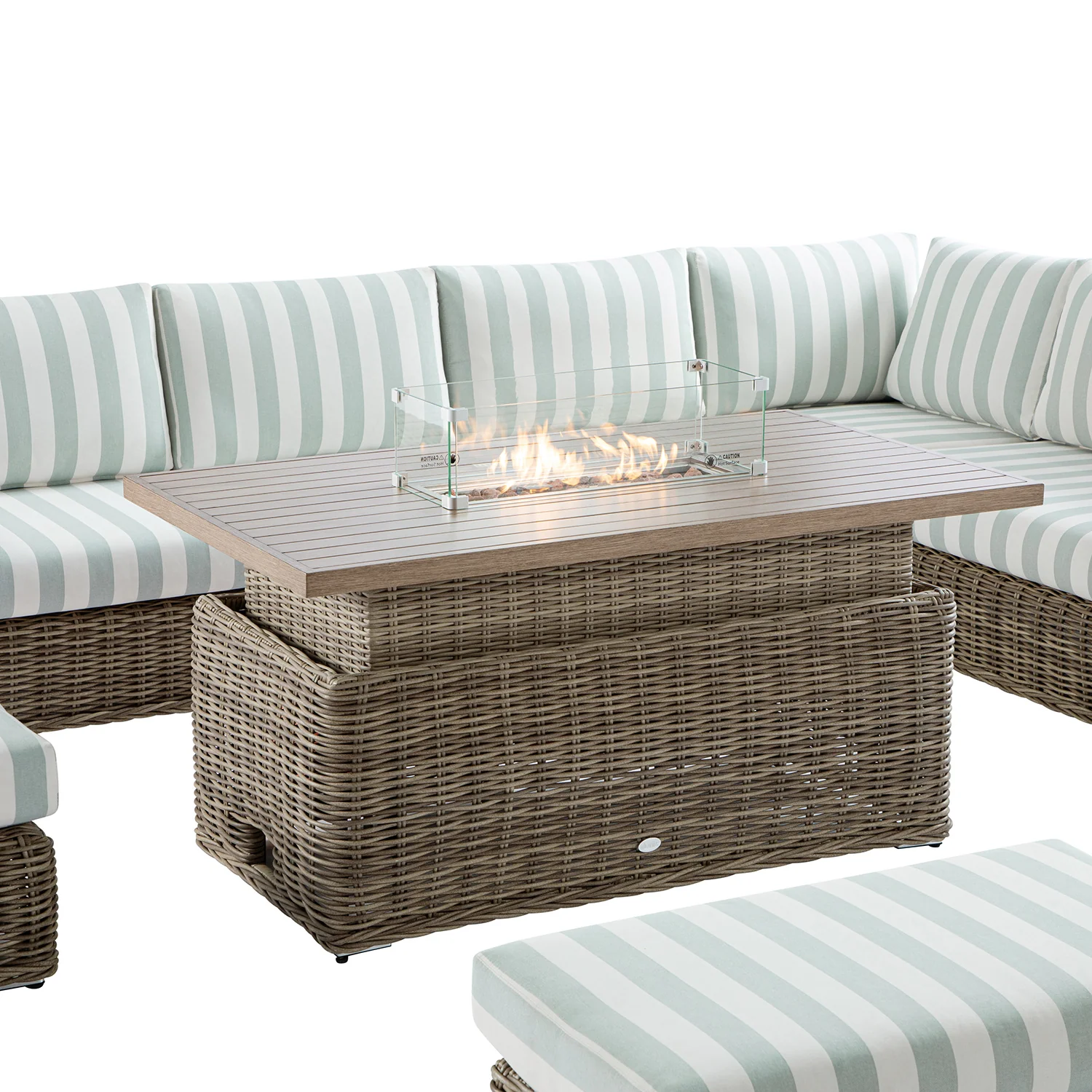 Bellagio Round Wicker Large Corner Casual Dining Set with Rising Firepit Table, Natural with Sage Stripes - Image 8