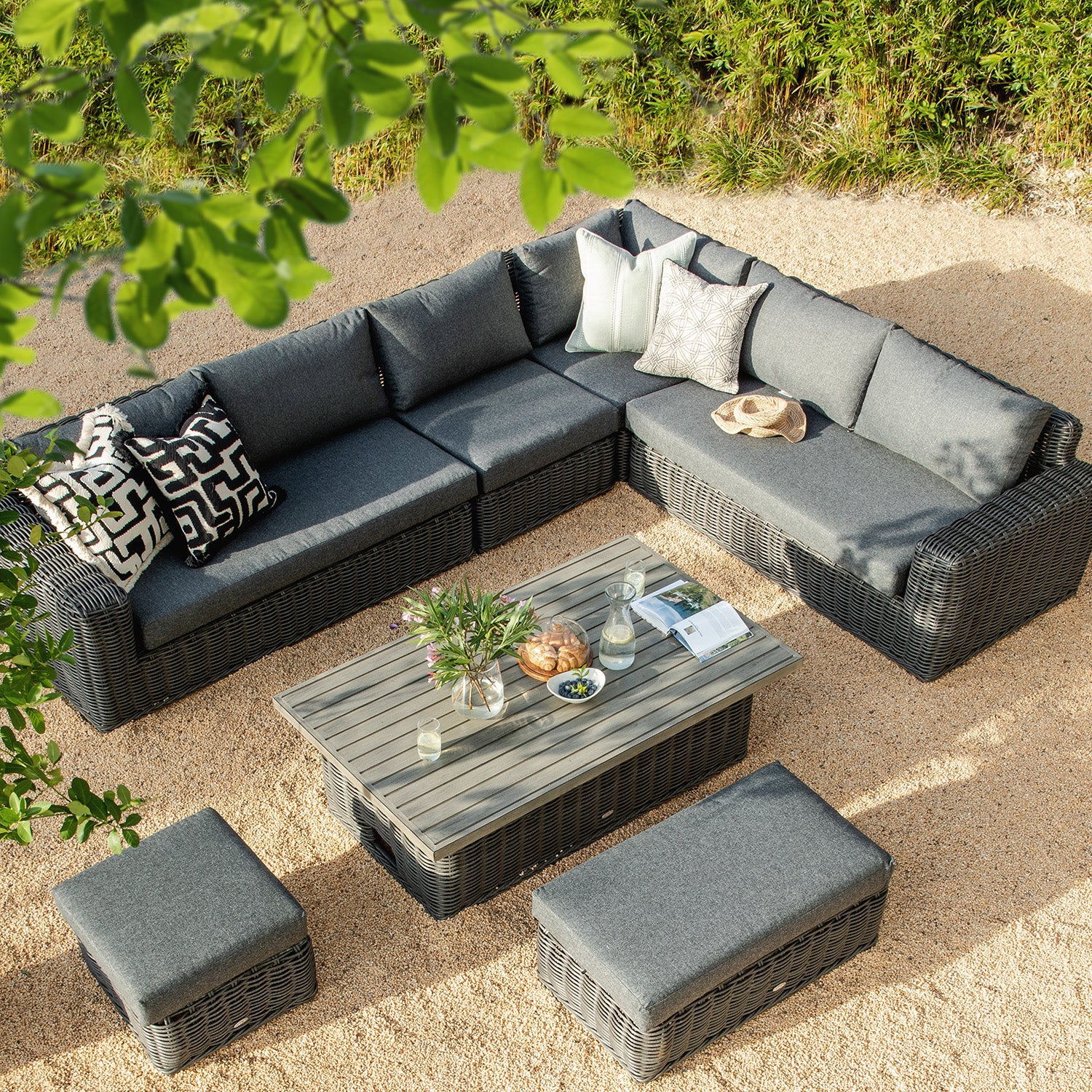 Bellagio Round Wicker Large Corner Casual Dining Set with Rising Table, Dark Grey - Image 3