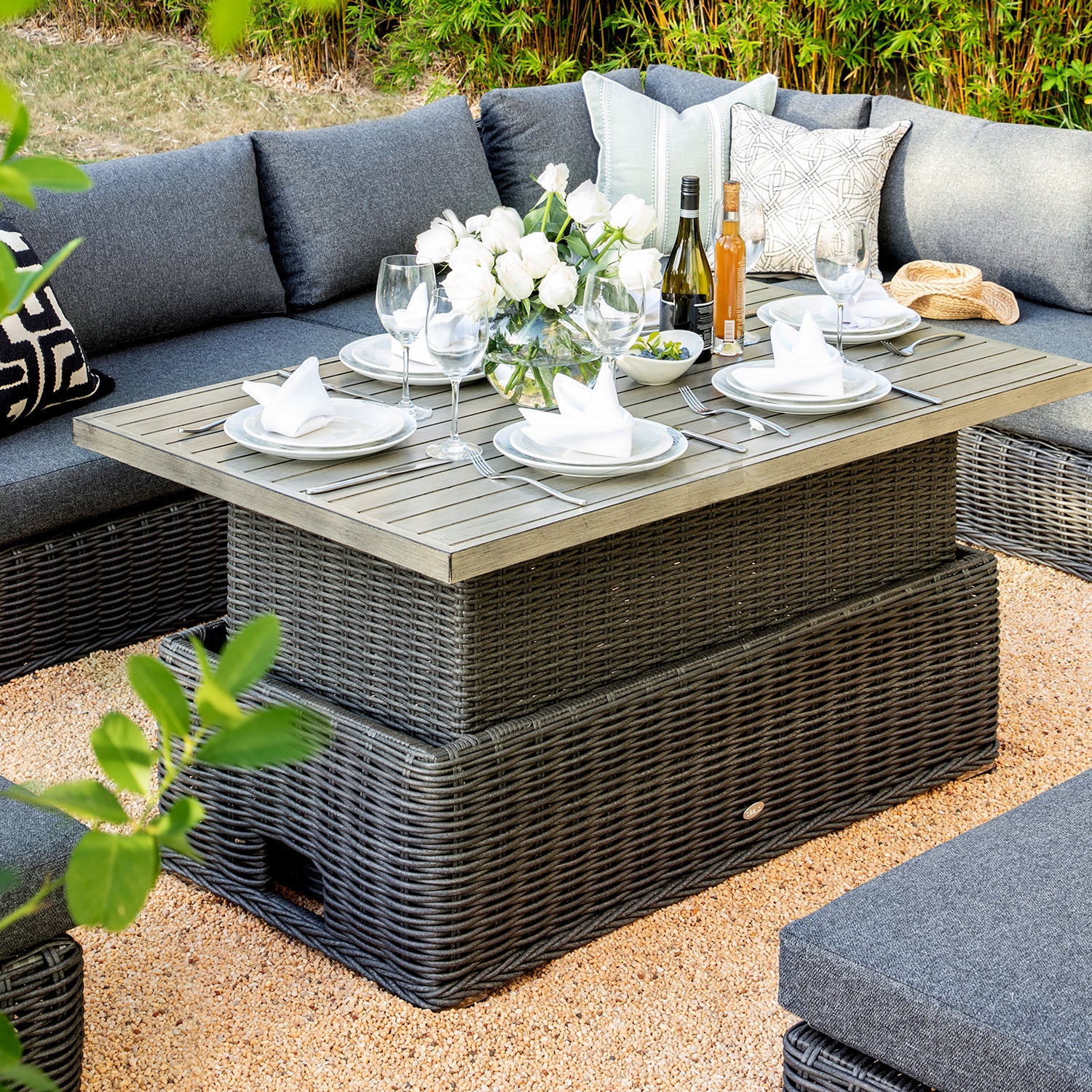 Bellagio Round Wicker Large Corner Casual Dining Set with Rising Table, Dark Grey - Image 4