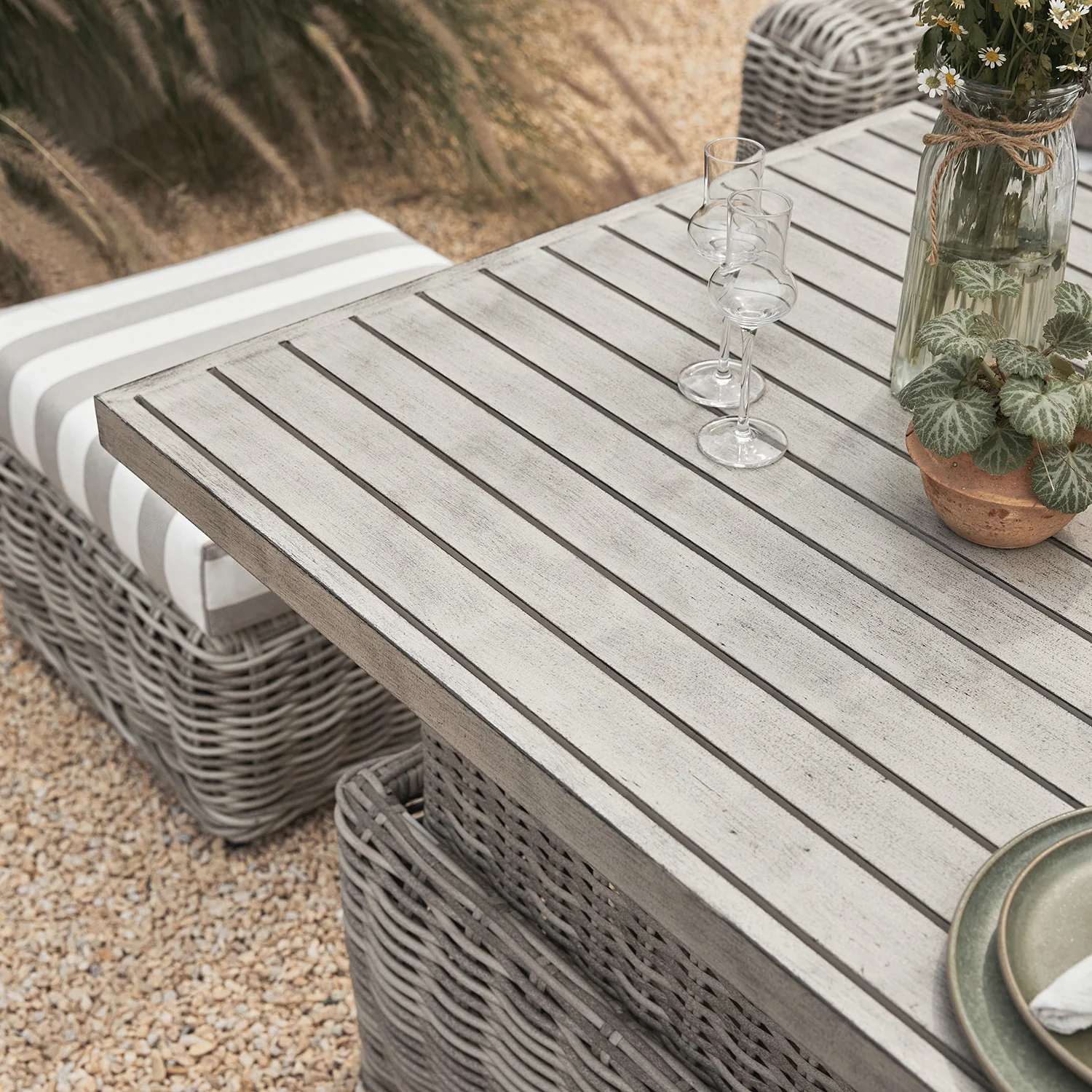 Bellagio Round Wicker Large Corner Casual Dining Set with Rising Table, Light Grey with Taupe Stripes - Image 11