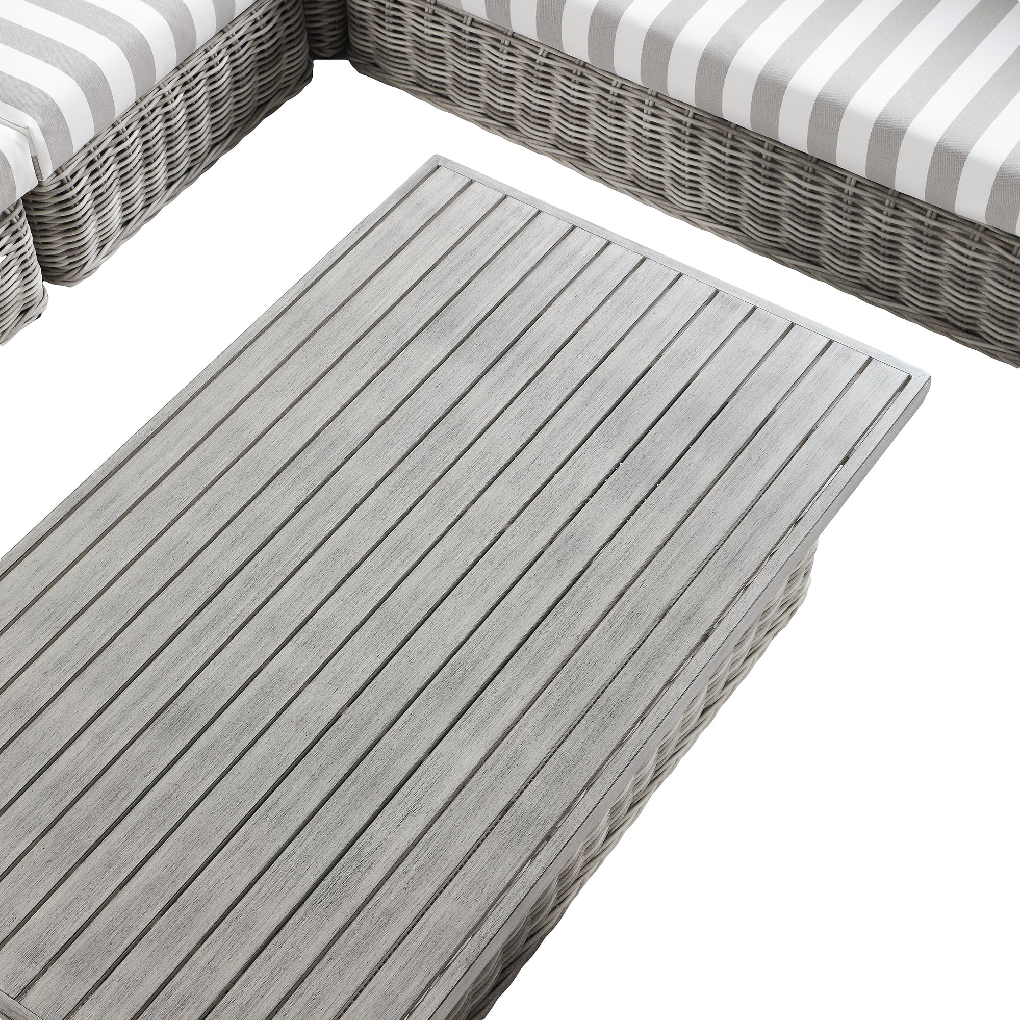 Bellagio Round Wicker Large Corner Casual Dining Set with Rising Table, Light Grey with Taupe Stripes - Image 18