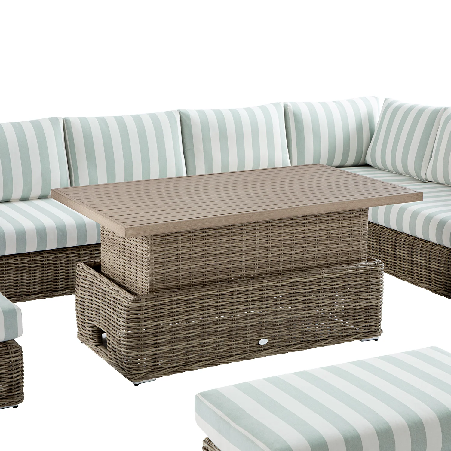 Bellagio Round Wicker Large Corner Casual Dining Set with Rising Table, Natural with Sage Stripes - Image 11