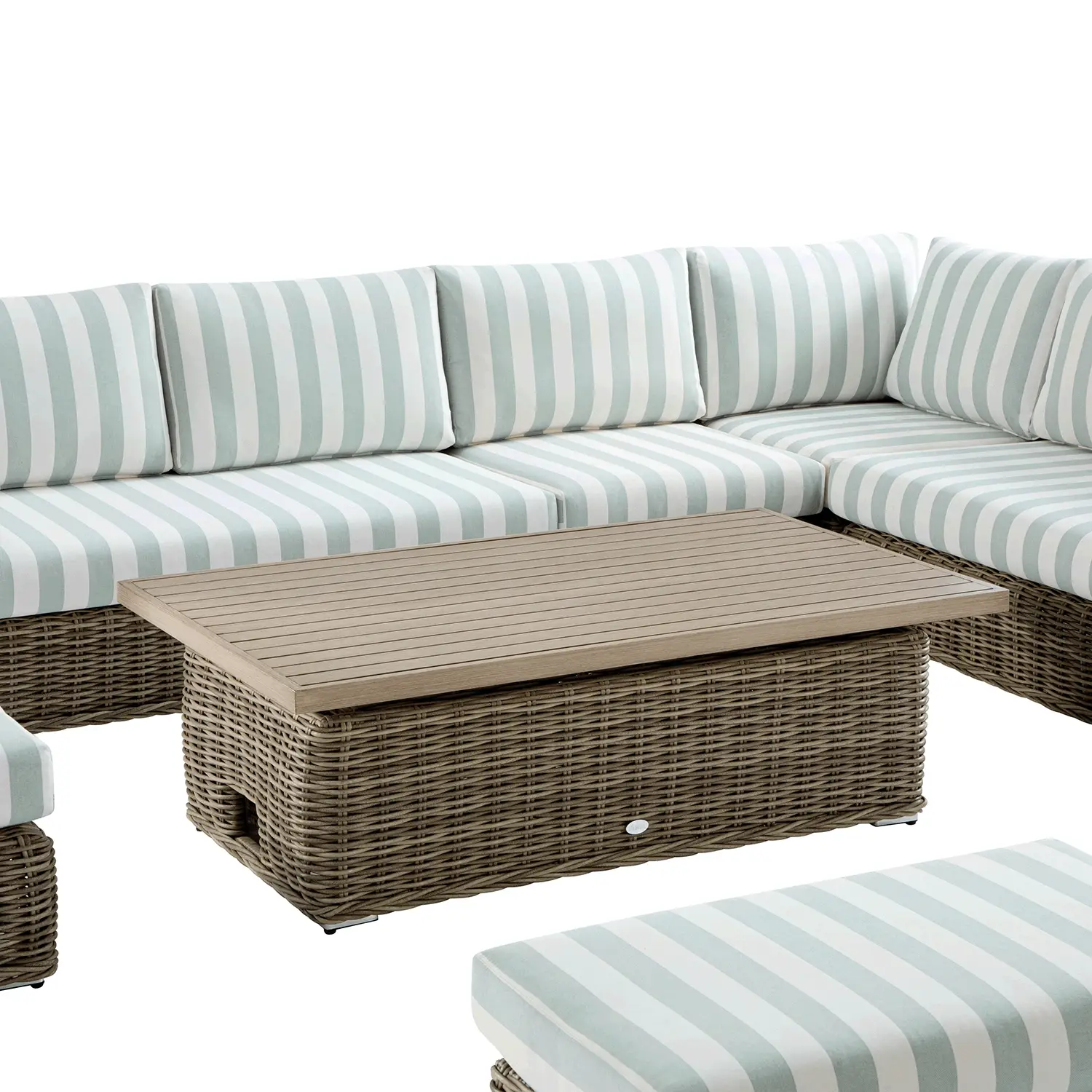 Bellagio Round Wicker Large Corner Casual Dining Set with Rising Table, Natural with Sage Stripes - Image 3