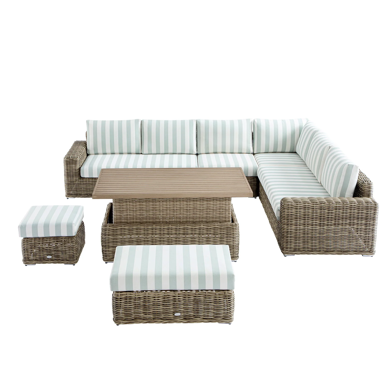 Bellagio Round Wicker Large Corner Casual Dining Set with Rising Table, Natural with Sage Stripes - Image 5