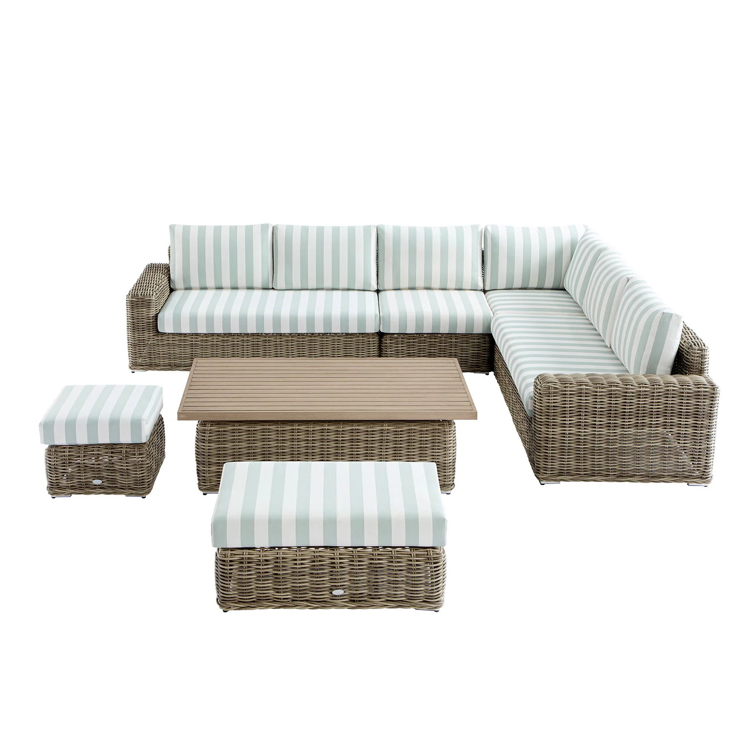 Bellagio Round Wicker Large Corner Casual Dining Set with Rising Table, Natural with Sage Stripes - Image 6