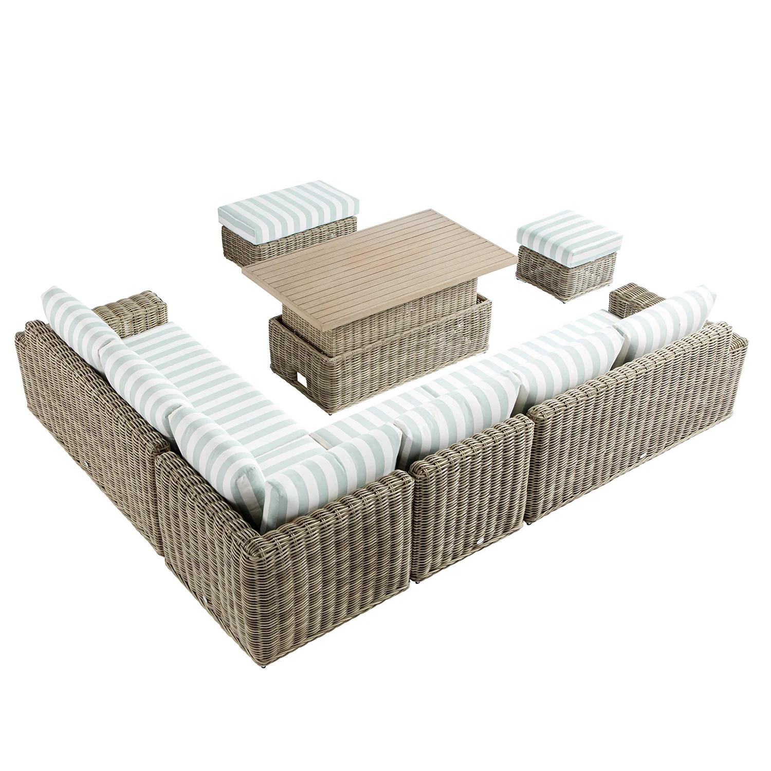 Bellagio Round Wicker Large Corner Casual Dining Set with Rising Table, Natural with Sage Stripes - Image 8