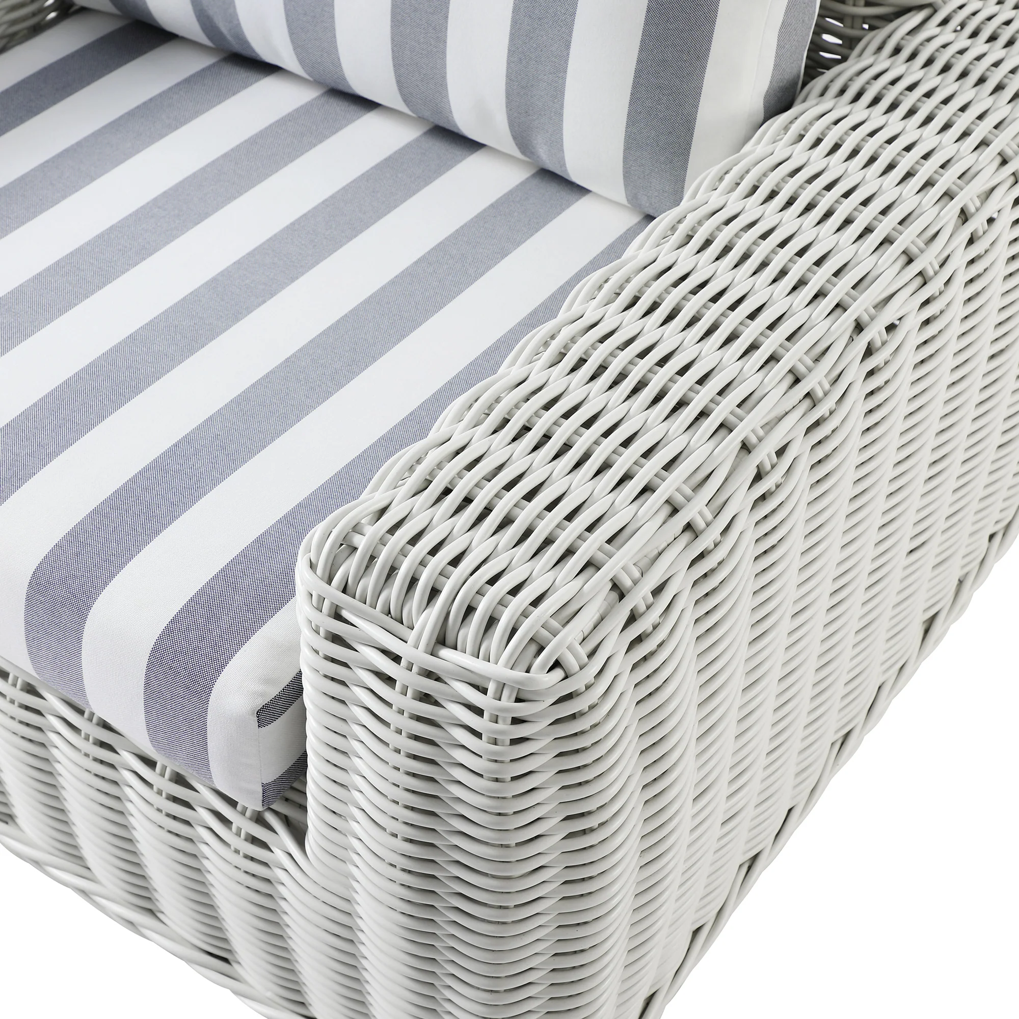 Bellagio Round Wicker Outdoor 1-Seater Sofa, White with Blue Stripes - Image 12