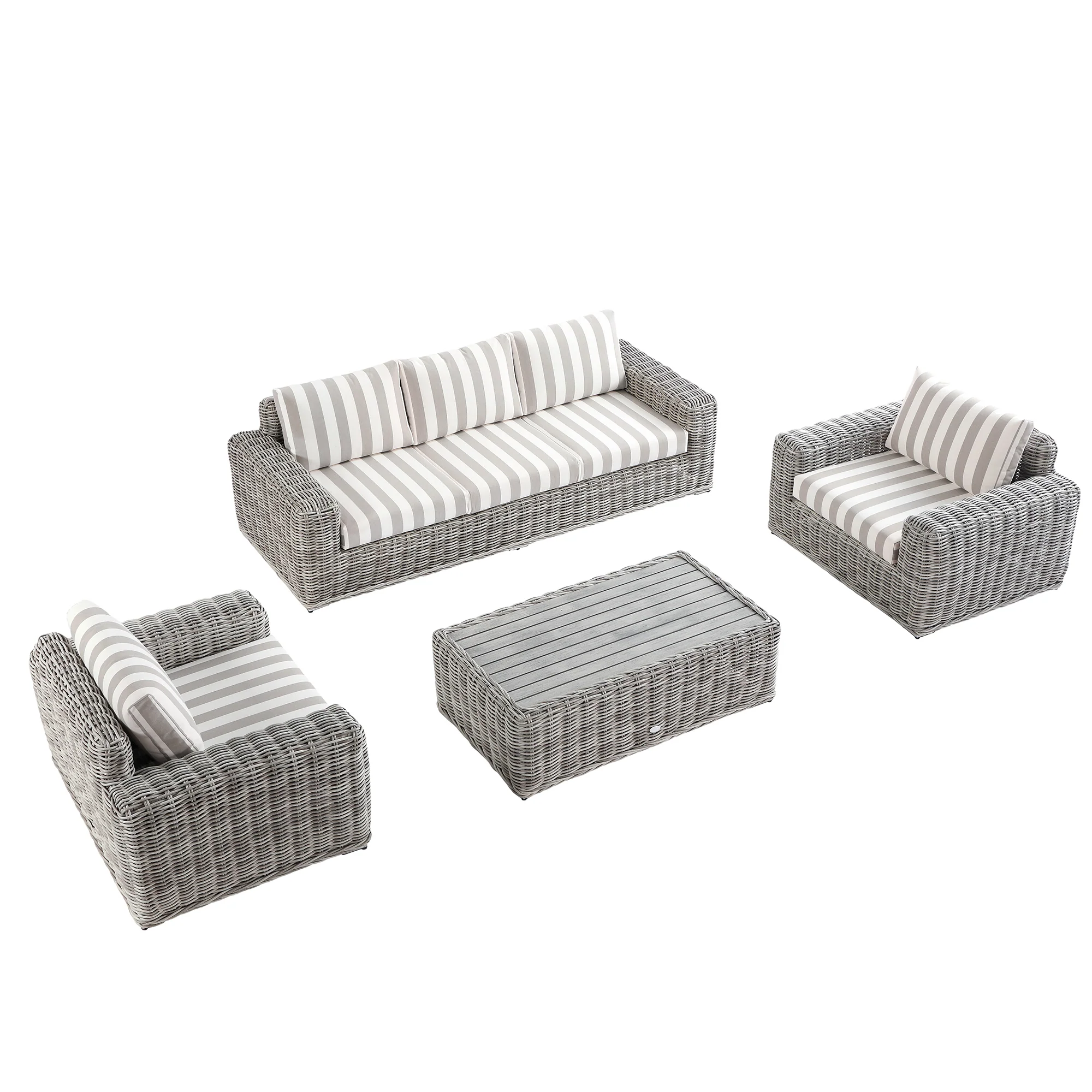 Bellagio Round Wicker Sofa Set with Coffee Table, Light Grey with Taupe Stripes - Image 10