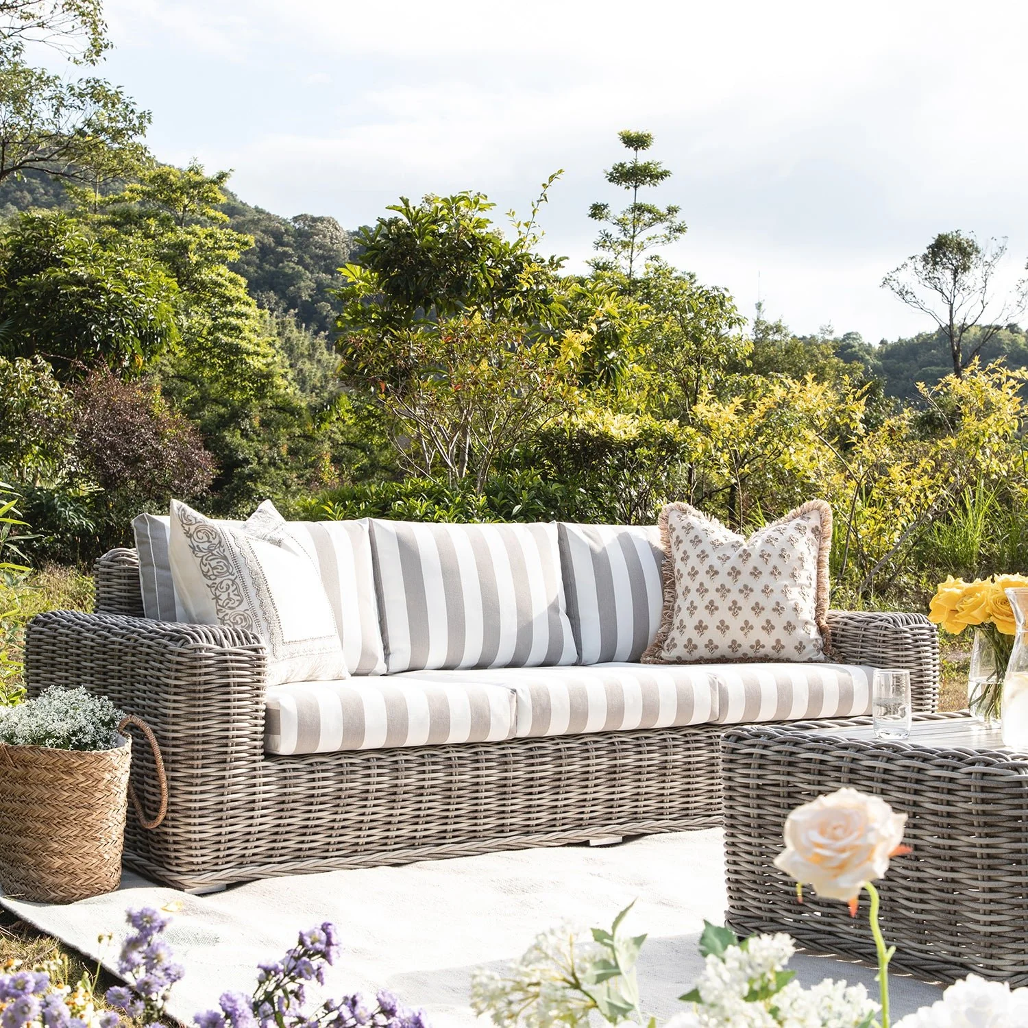 Bellagio Round Wicker Sofa Set with Coffee Table, Light Grey with Taupe Stripes - Image 4