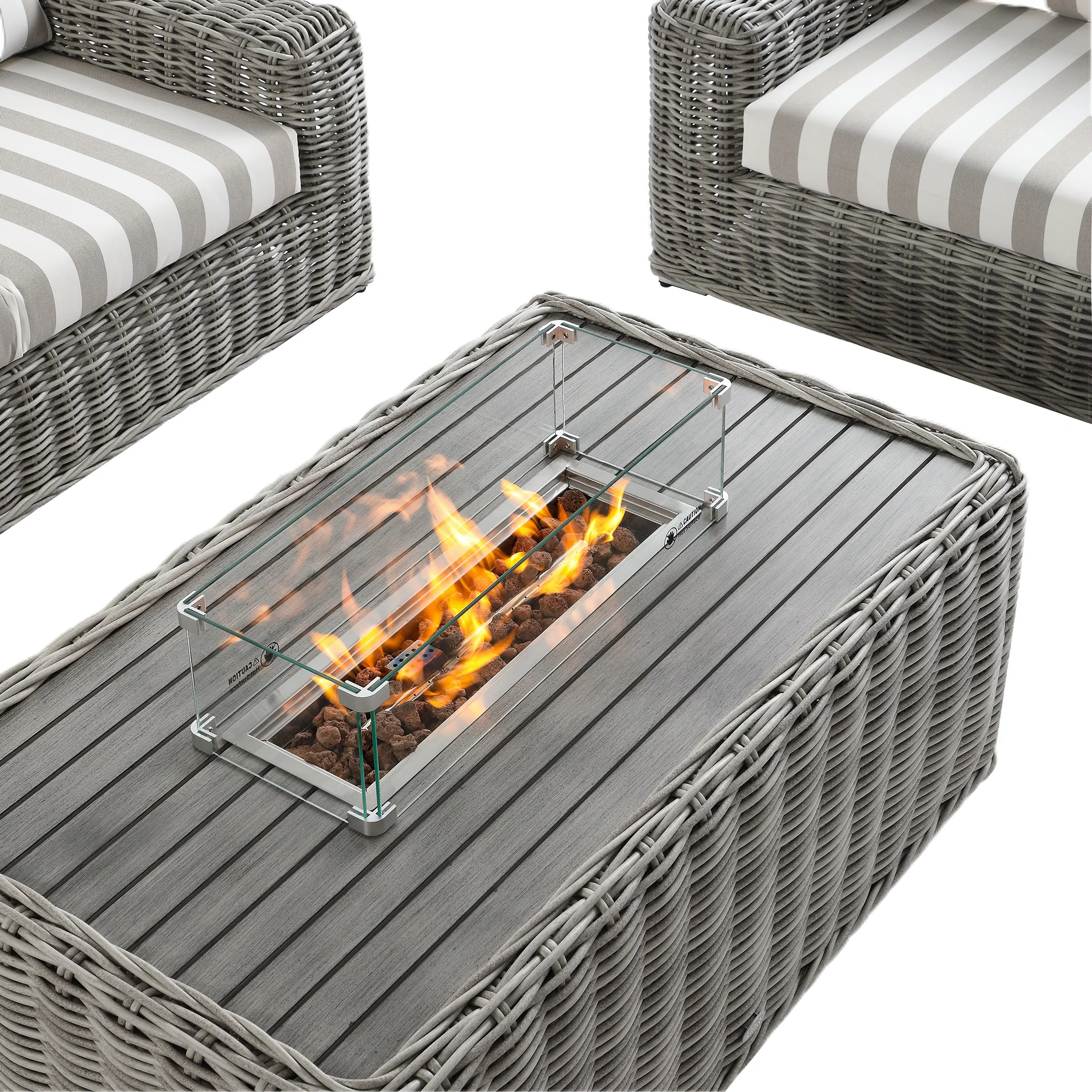 Bellagio Round Wicker Sofa Set with Firepit Coffee Table, Light Grey with Taupe Stripe - Image 13