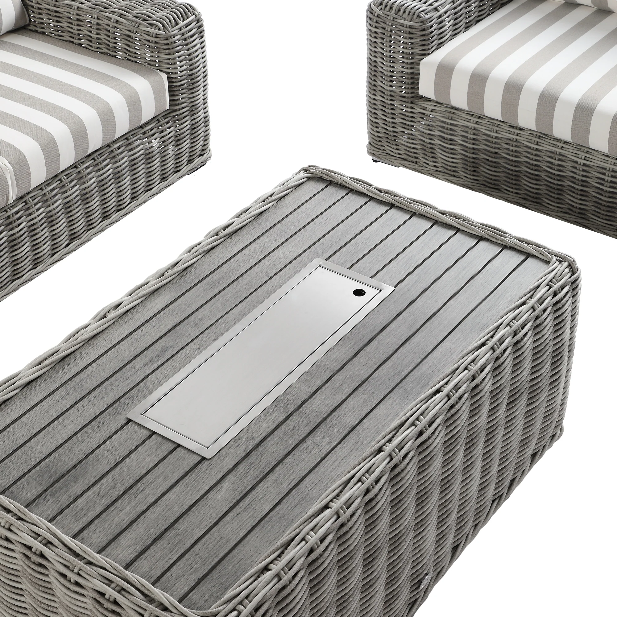 Bellagio Round Wicker Sofa Set with Firepit Coffee Table, Light Grey with Taupe Stripe - Image 14