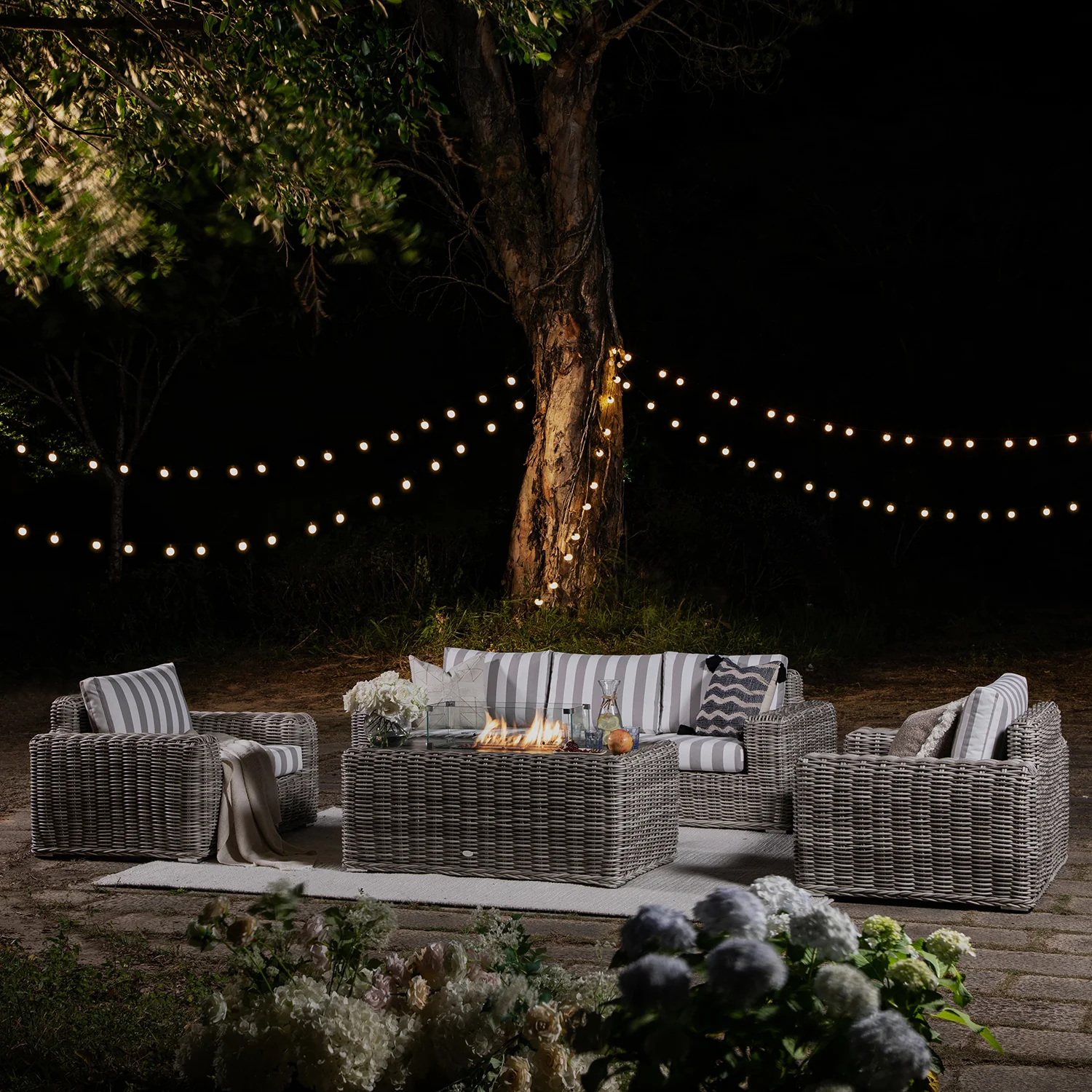 Bellagio Round Wicker Sofa Set with Firepit Coffee Table, Light Grey with Taupe Stripe - Image 2