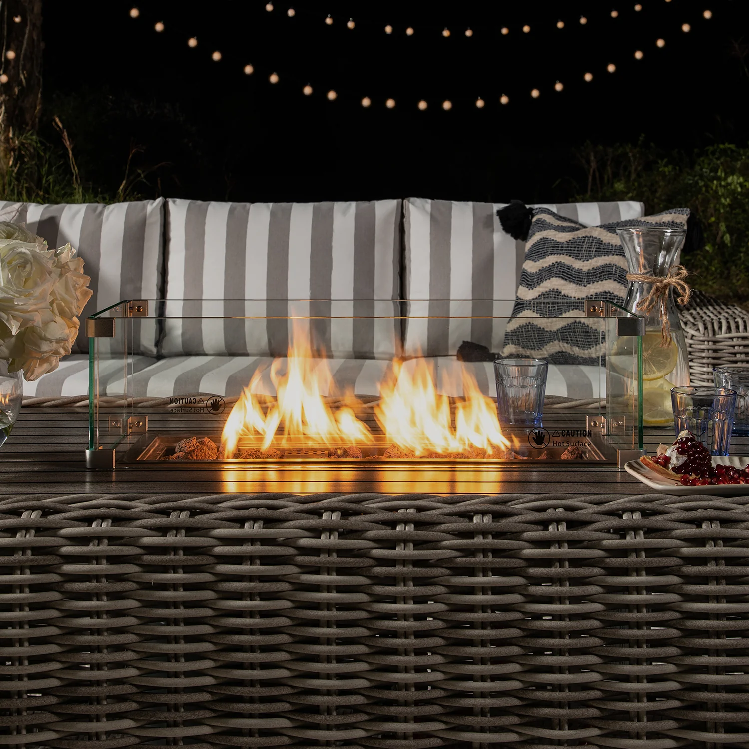 Bellagio Round Wicker Sofa Set with Firepit Coffee Table, Light Grey with Taupe Stripe - Image 4