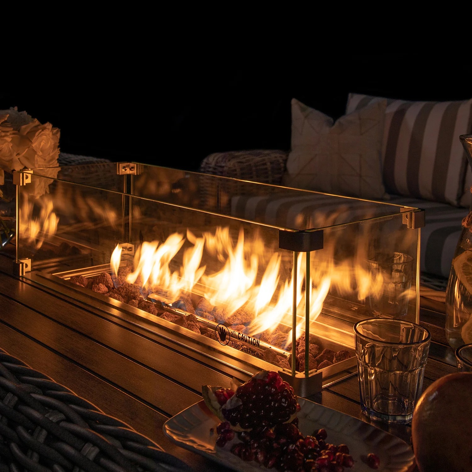 Bellagio Round Wicker Sofa Set with Firepit Coffee Table, Light Grey with Taupe Stripe - Image 5