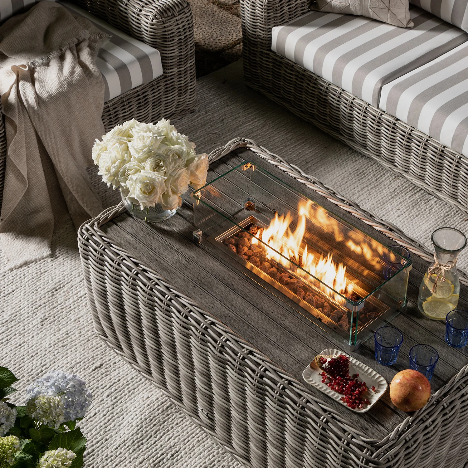Bellagio Round Wicker Sofa Set with Firepit Coffee Table, Light Grey with Taupe Stripe - Image 6
