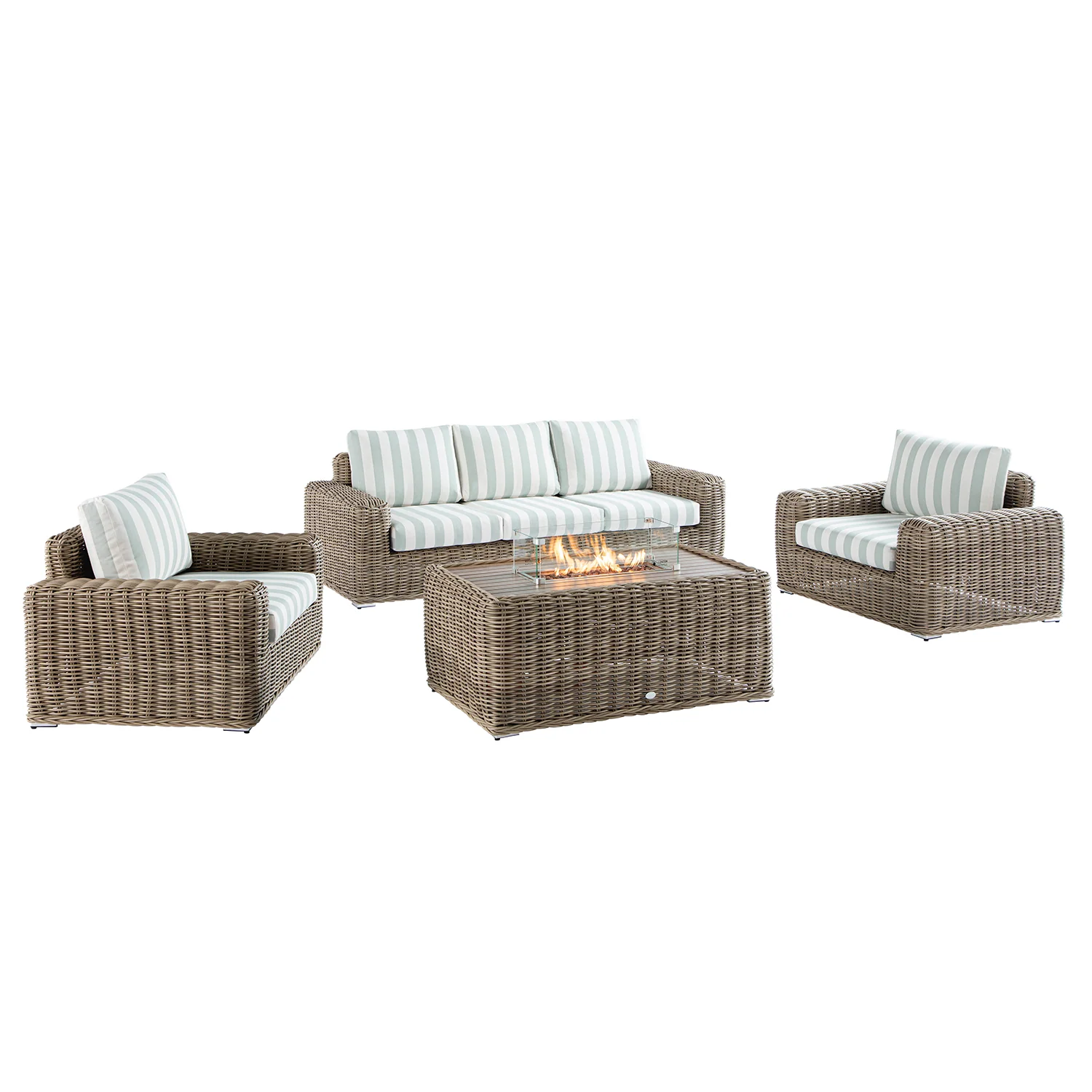 Bellagio Round Wicker Sofa Set with Firepit Coffee Table, Natural with Sage Stripe - Image 2
